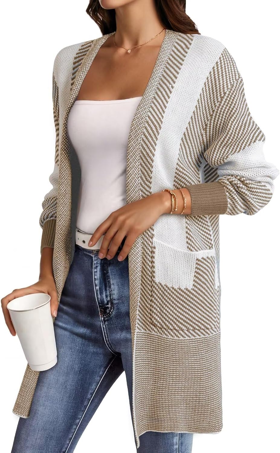 Detalle 1 de Astylish Women's Long-Sleeve Knit Cardigan with Pockets, Oversized Colour-Block Design