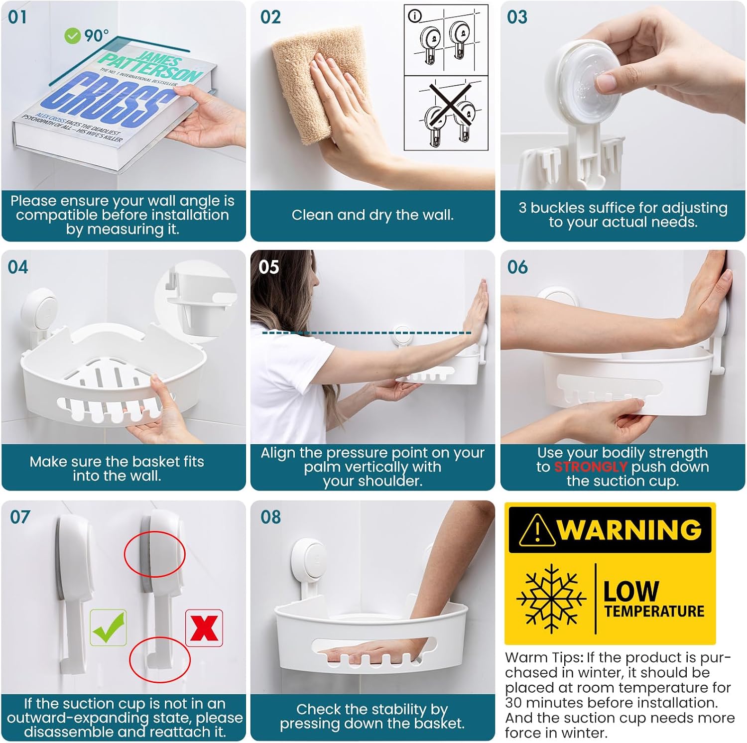 Detalle 1 de TAILI AW909 Corner Shower Caddy, White Plastic, Drill-Free Suction Mount