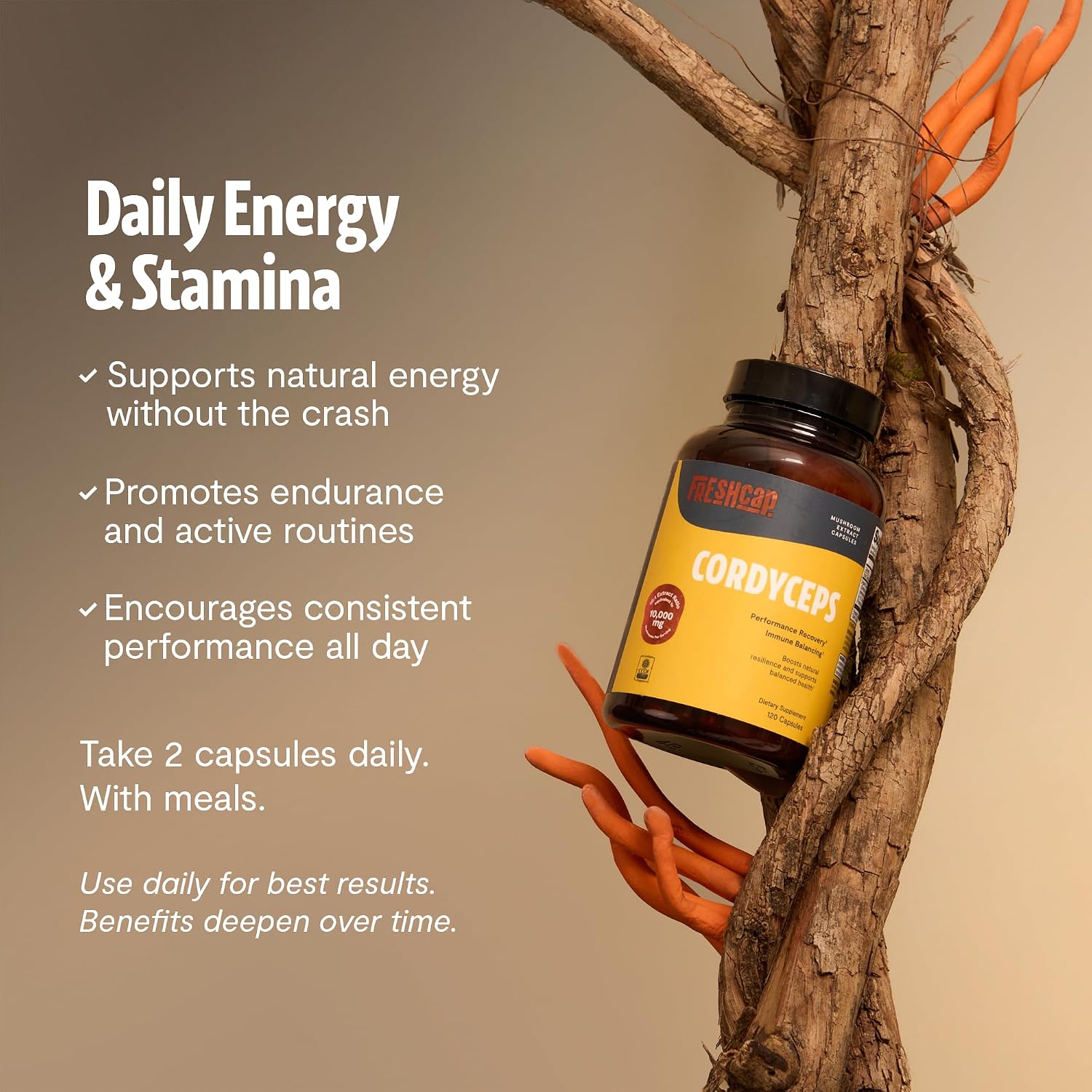 Detalle 2 de FreshCap Cordyceps Mushroom Capsules, USDA Organic, 10:1 Extract, 120 Count