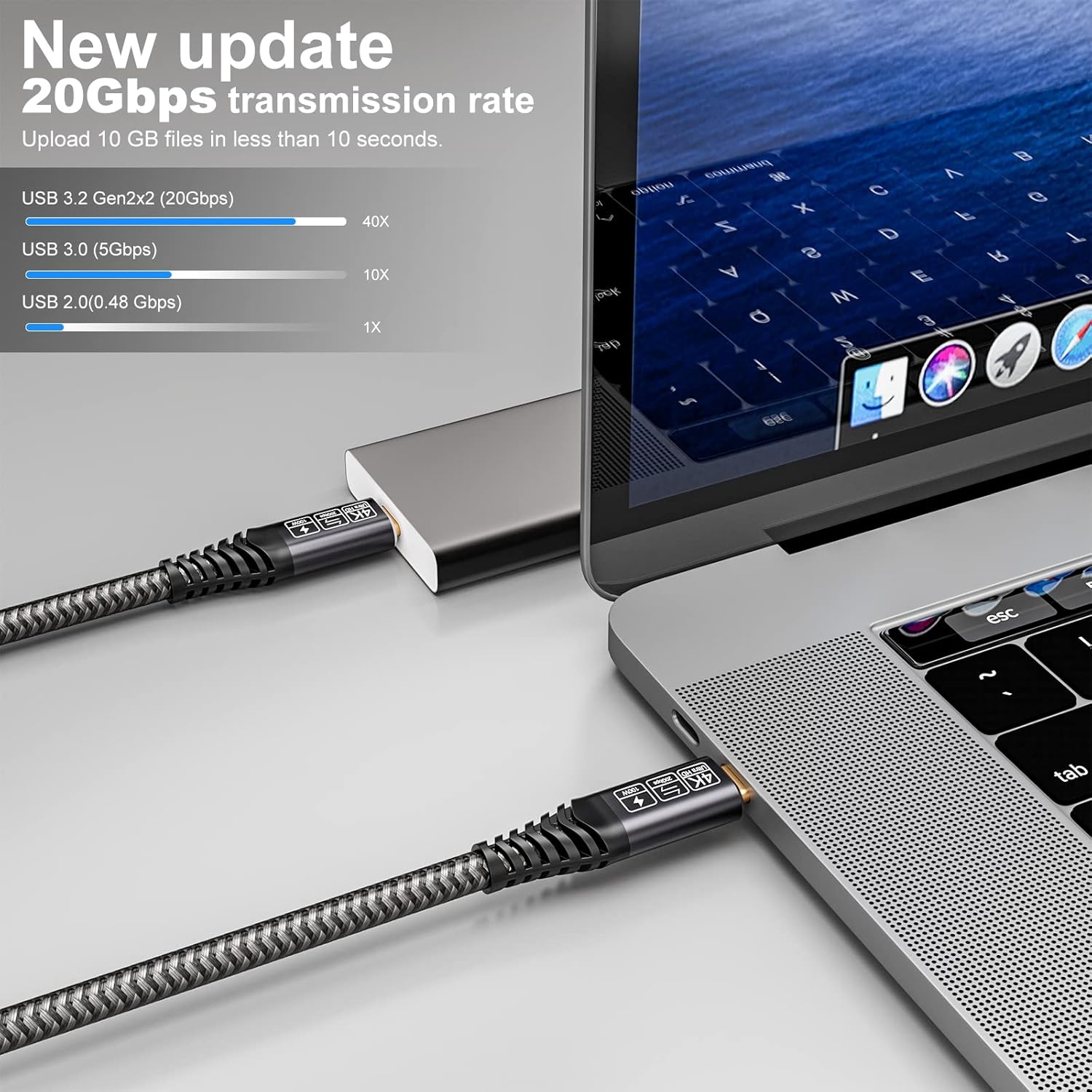 Detalle de CAKOBLE USB-C to USB-C 0.5m cable (USB 3.2 Gen 2, 20Gbps, 100W, 4K@60Hz support)