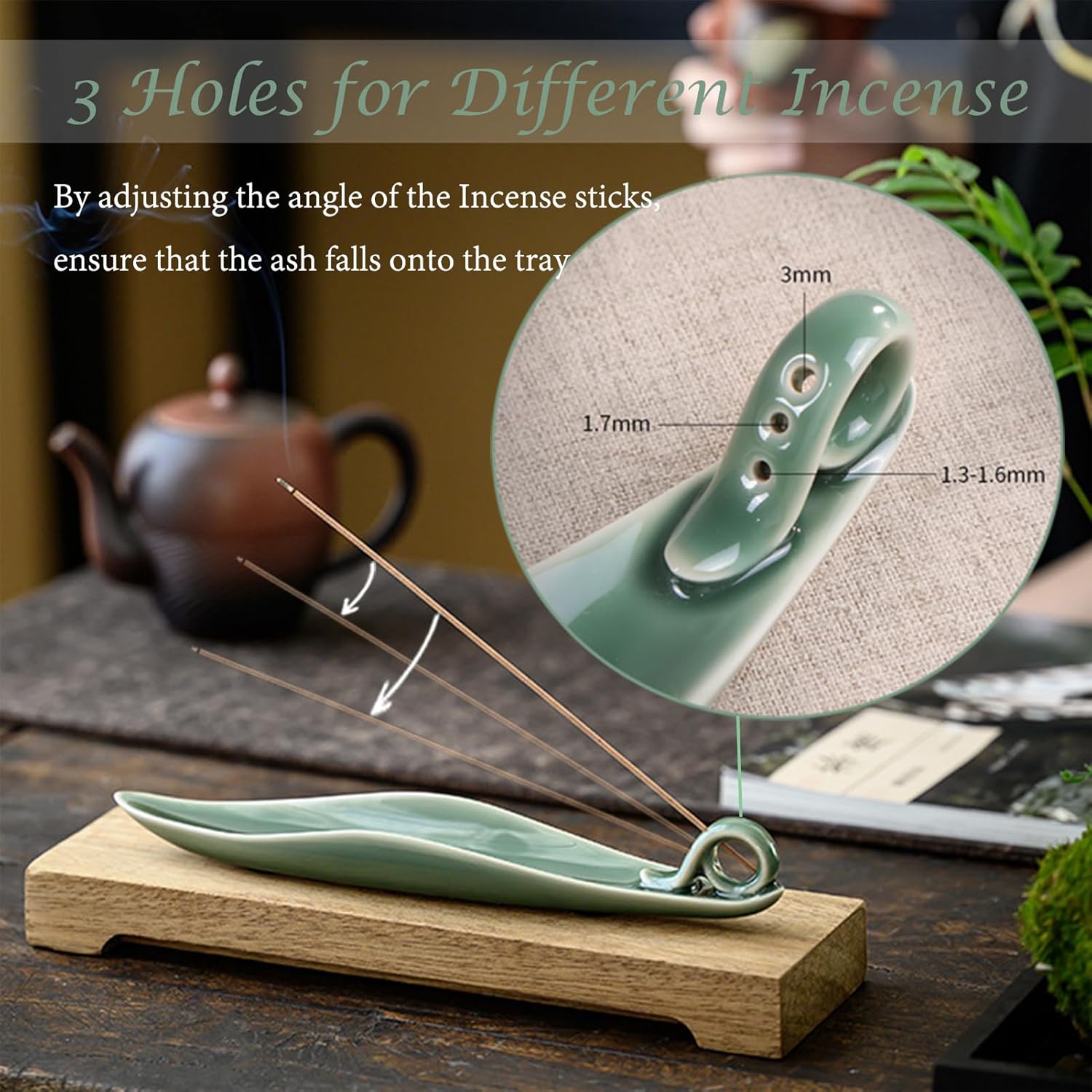 Thumbnail 1 de Moylor 9-inch Ceramic Incense Stick Holder with 3 Holes (Green) for Home, Yoga & Meditation