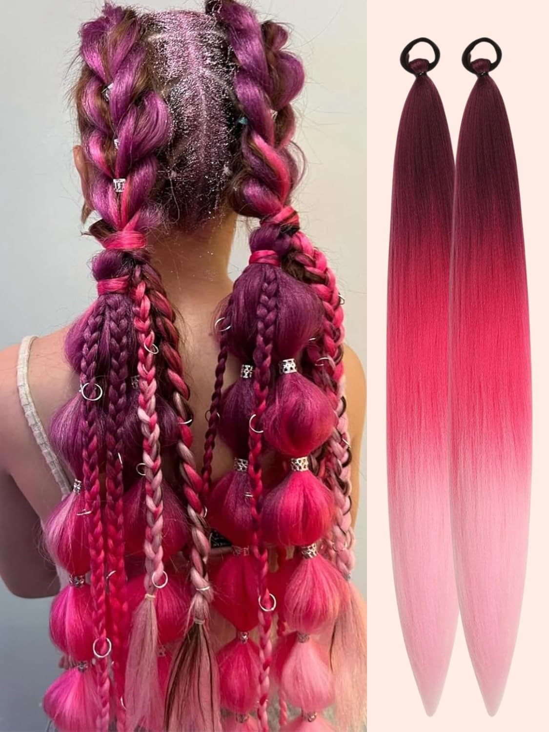 Thumbnail 6 de 2er-Pack Farbige Zopffrisuren-Ponytail-Extensions, 26 Zoll – Grün, Rot, Weiß (Weihnachten) – Einfaches Styling, mitHaarschlaufe