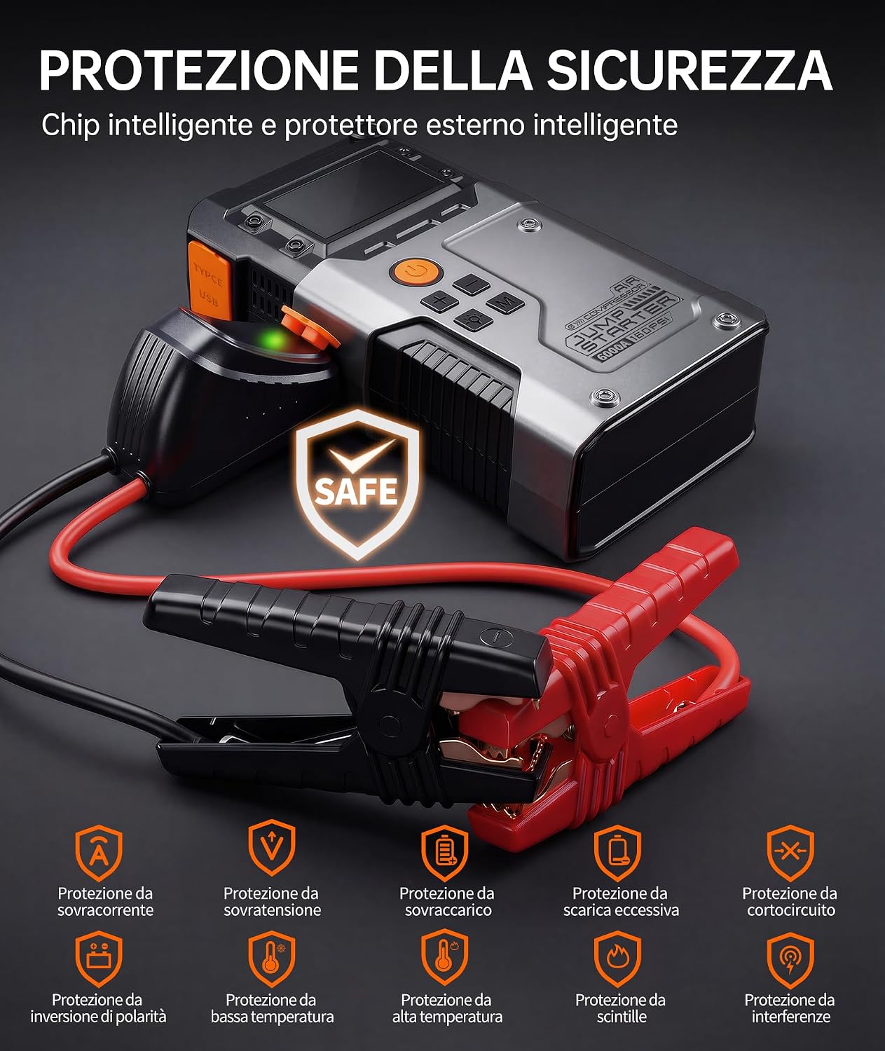 Detalle de Avviatore Batteria Auto 6000A con Compressore 160 PSI – Booster Portatile per 12V (gas/diesel) con LCD e USB