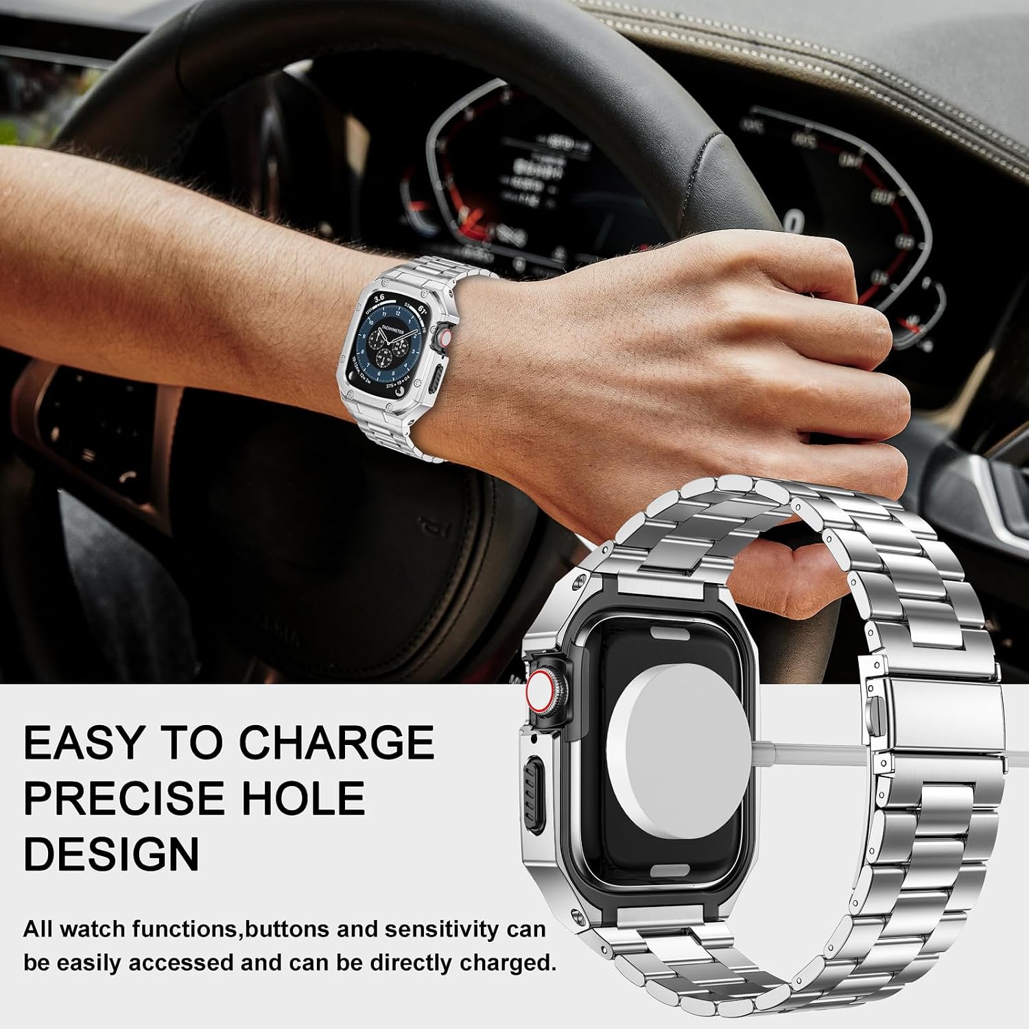 Detalle 2 de Deczone Edelstahl-Armband mit Gehäuse für Apple Watch 42/44mm – kompatibel mit Series SE, 6, 5, 4, 3, 2, 1