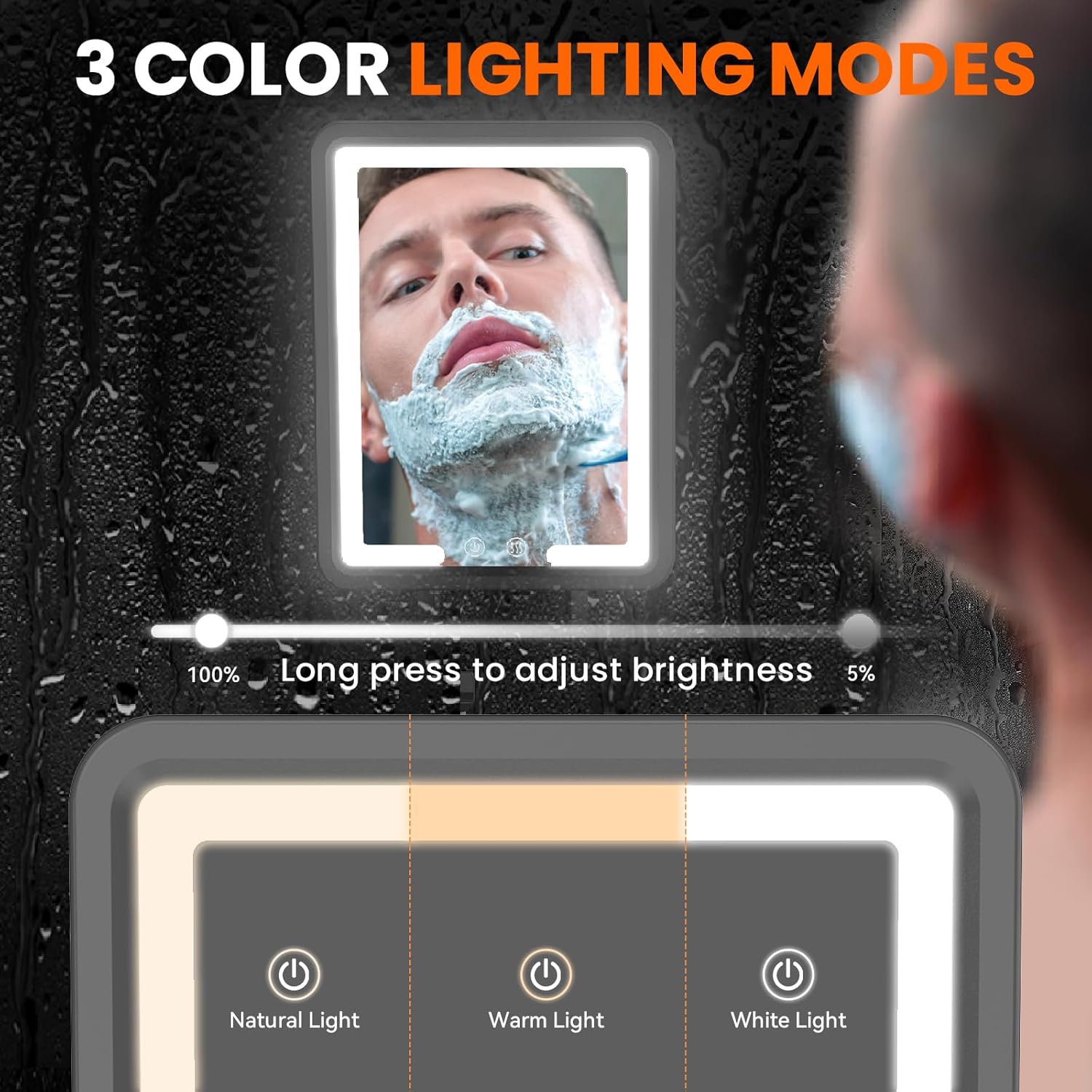 Detalle 2 de DeLanges Heated Fogless LED Shower Mirror with 3 Dimmable Lights, Rechargeable Battery & Drill-Free Mount