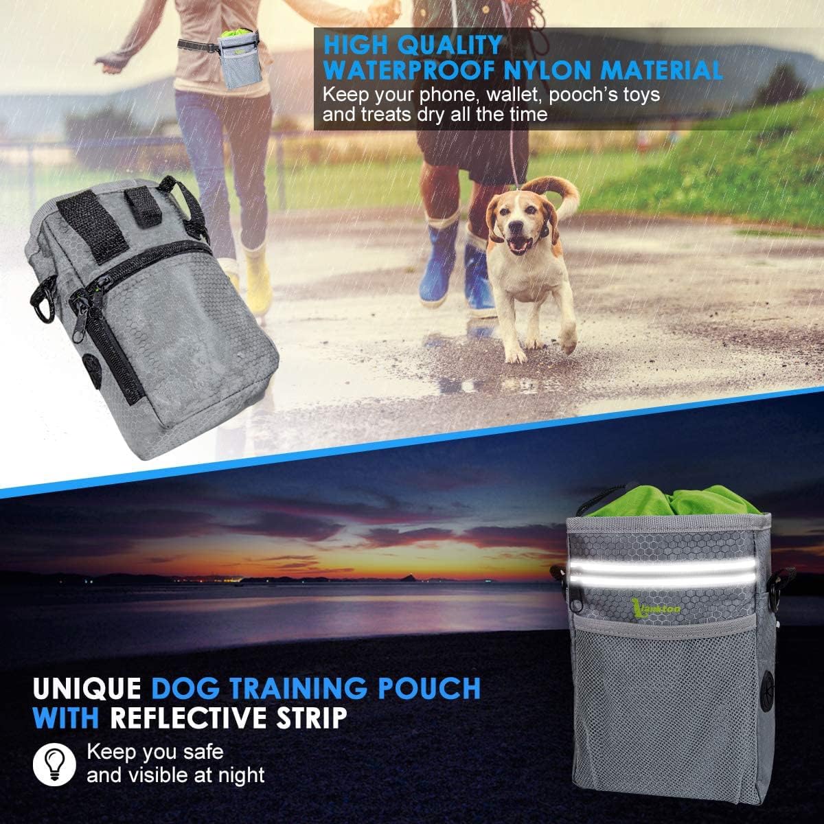 Detalle de Lanktoo Dog Treat Pouch Bag with Poop Bag Holder (Grey+Green) – Waterproof, versatile walking companion