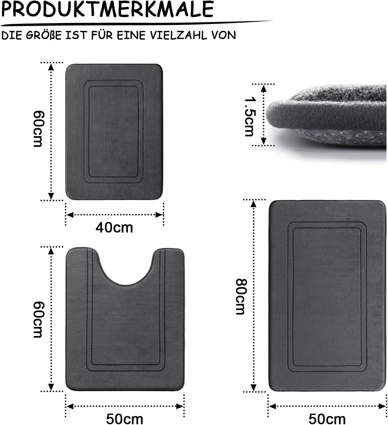 Thumbnail 1 de chakme Badezimmerteppich-Set 3-teilig in Dunkelgrau (Memory-Schaum Badematte & U-förmiger WC-Vorleger)