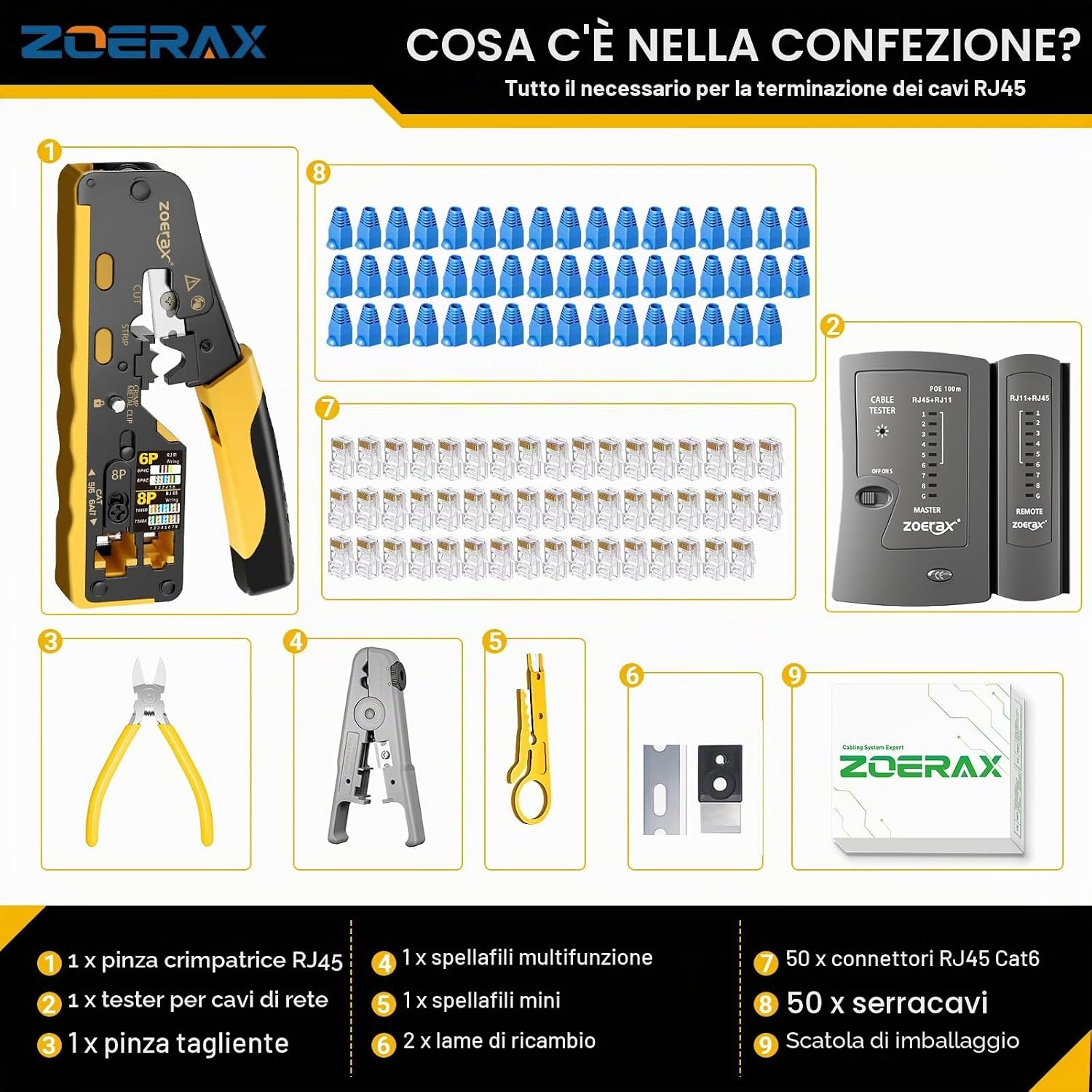 Thumbnail 6 de ZOERAX Kit Crimp Cat7 RJ45: strumento multi-modulare con tester, 50 connettori Cat6 e accessori