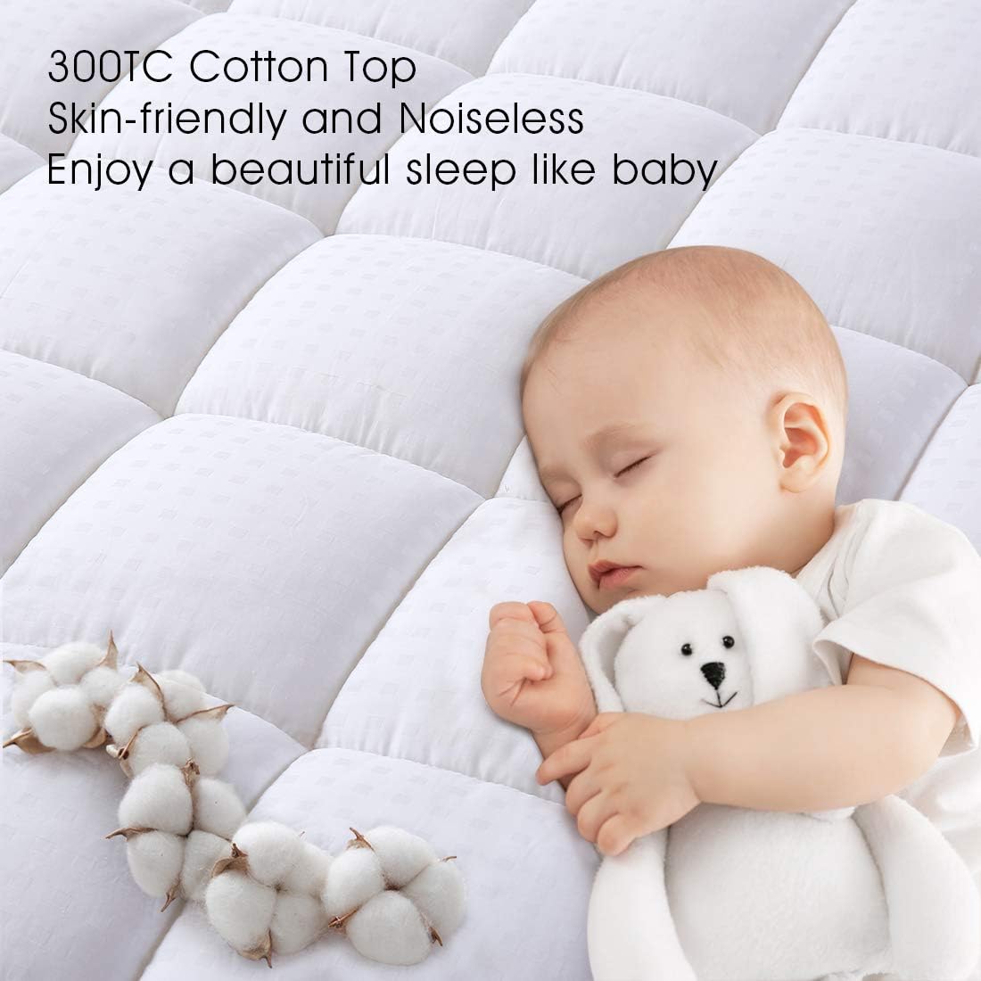 Detalle de EASELAND King Quilted Mattress Pad Cover (Deep Pocket, 21"), Cotton Top & Down-Alternative Fill