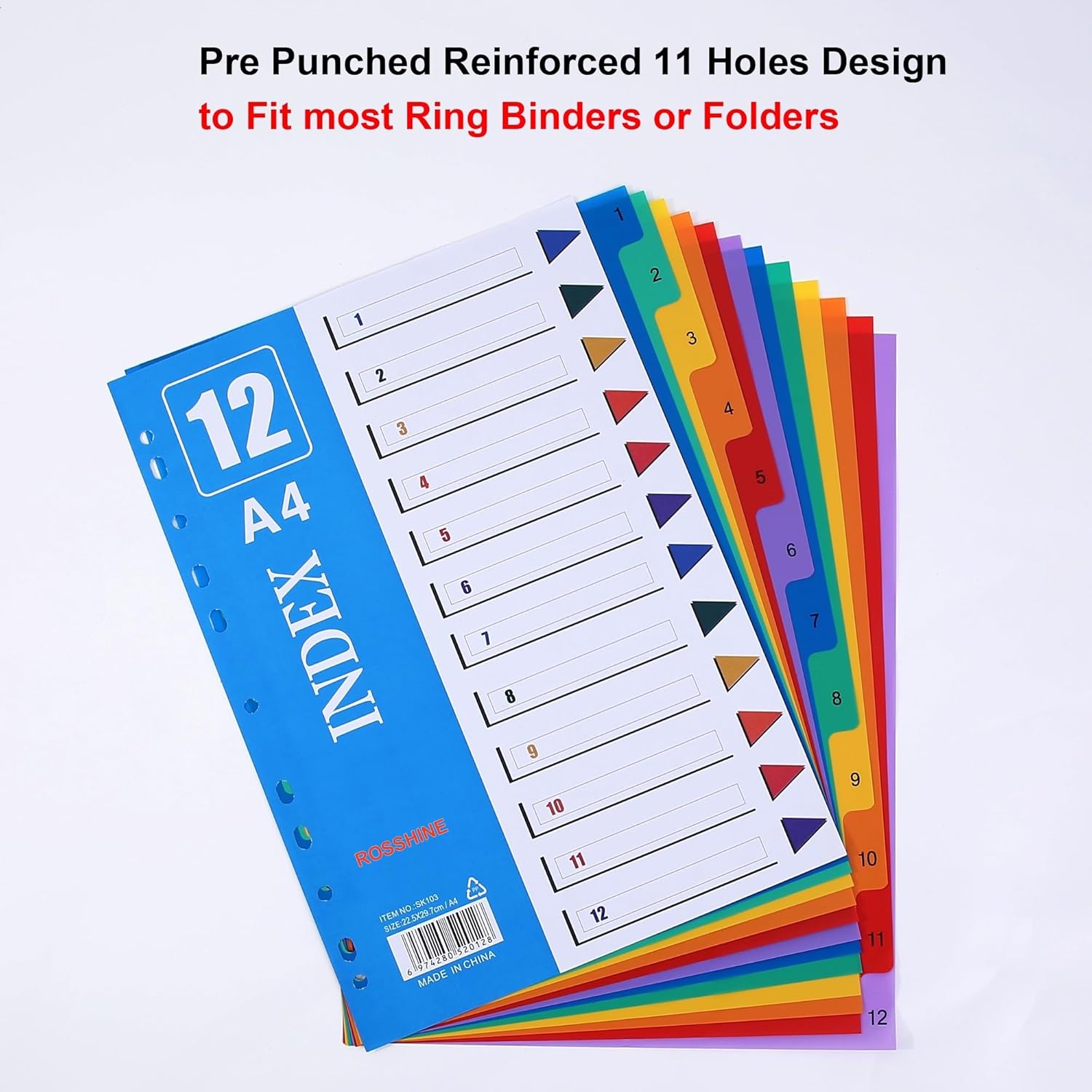 Detalle de ROSHINE 1–12 A4 Part File Dividers (10-pack) with 11-Hole Design and Colour Index Set