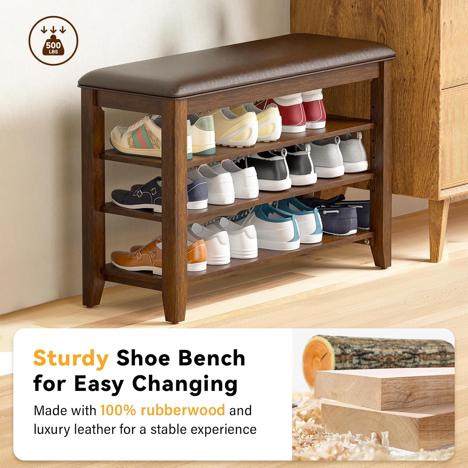 Detalle 2 de Entryway Shoe Storage Bench with Leather Cushion