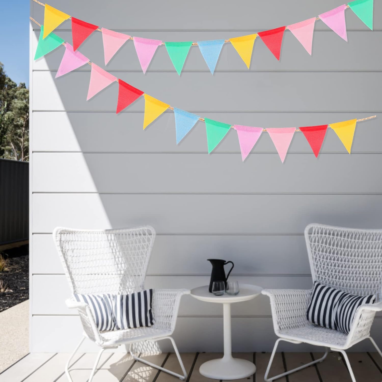 Detalle de G2PLUS 12 m Wimpelkette Outdoor Pastell – 48 Fahnen, wetterfestes Flaggenbanner für Garten und Party-Deko