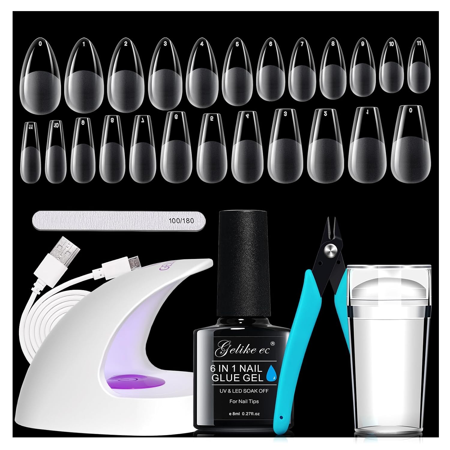 Detalle de Gelike ec Gelnägel Starterset mit Nageltips und Nagelkleber – 240 Med/Almond & 8 ml Extra Stark Kleber
