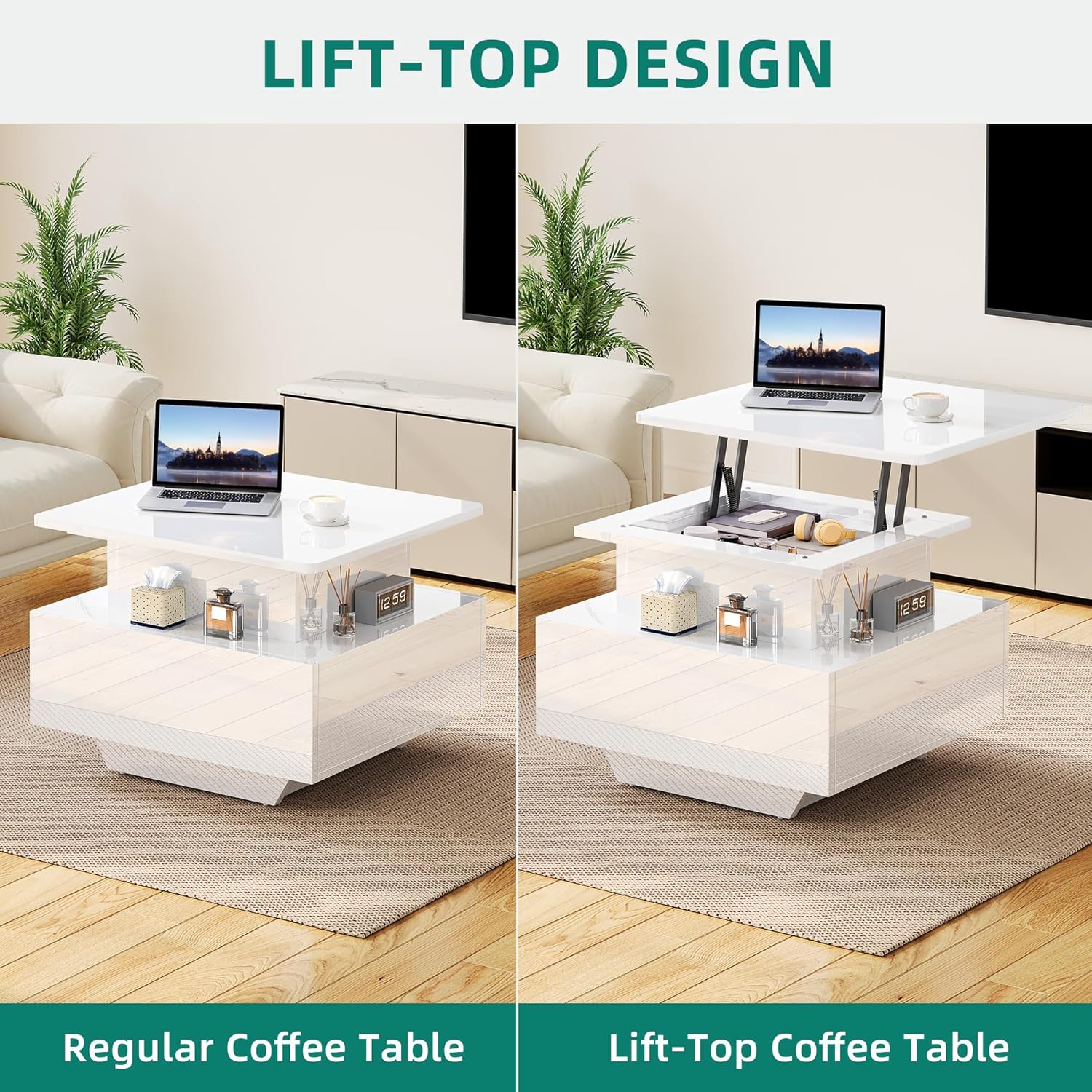 Thumbnail 4 de YITAHOME Lift-Top Coffee Table with LED Light Strip and 2 Drawers – 60x60x45 cm, High-Gloss Modern Wood