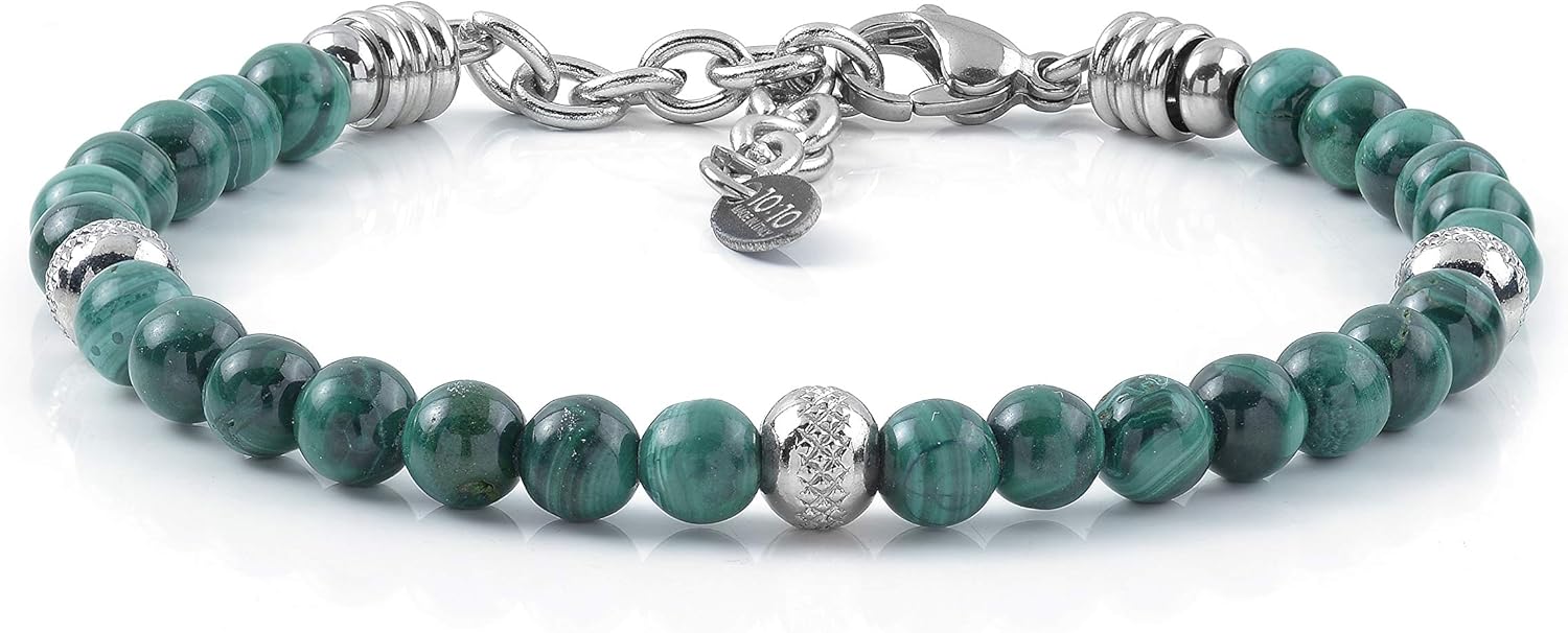 Detalle de 10:10 Bracciale in acciaio inox con malachite naturale da 6 mm e perle in acciaio inox – design versatile, fattura italiana