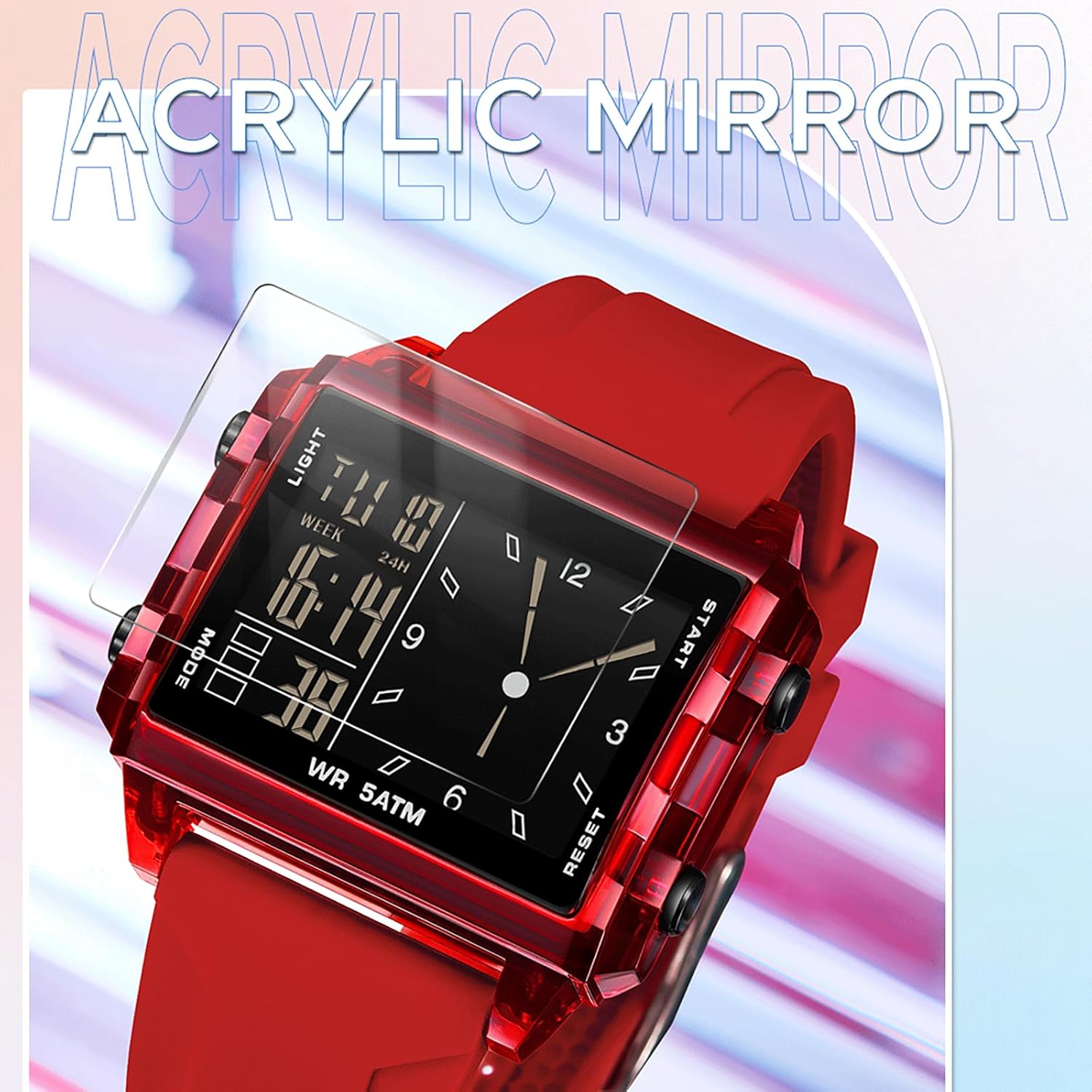 Detalle 2 de findtime Rechteckige Armbanduhr Sportuhr – Hybrid aus Digital- und Analoganzeige mit Silikonarmband