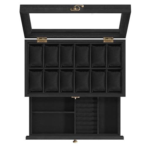 Detalle de SONGMICS Porta Orologi a 12 Scomparti, 2 Livelli, Coperchio in Vetro e Fodera in Velluto – JOW012B02