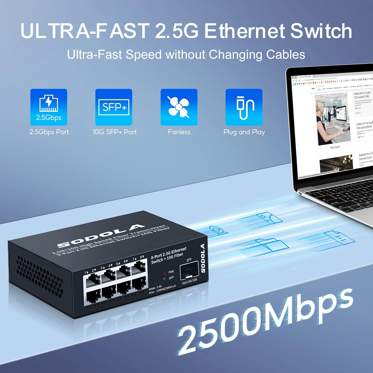 Thumbnail 2 de SODOLA 8-Port 2,5Gbit Switch – Unmanaged Netzwerkswitch