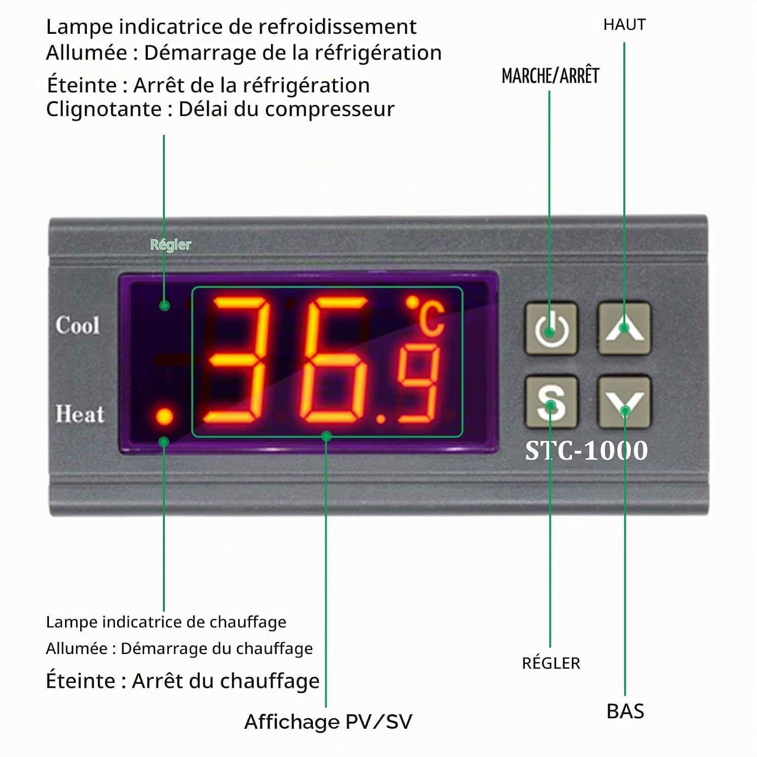 Detalle 2 de Aideepen STC-1000 temperatuurregelaar, DC 12 V, 10 A, met NTC-sensor