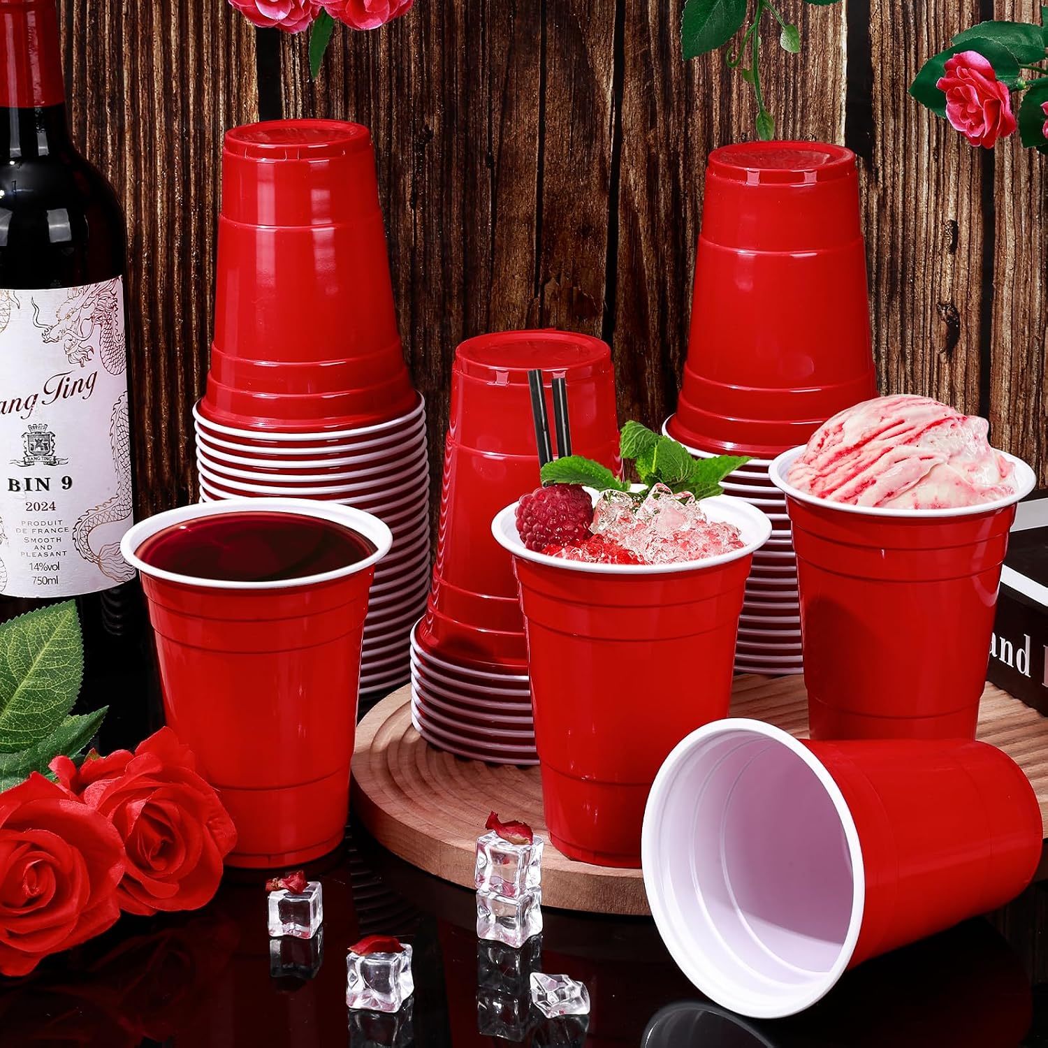 Detalle de DI QIU REN DQR-CA-28 16 oz Red Plastic Party Cups, Stackable, 100 Count