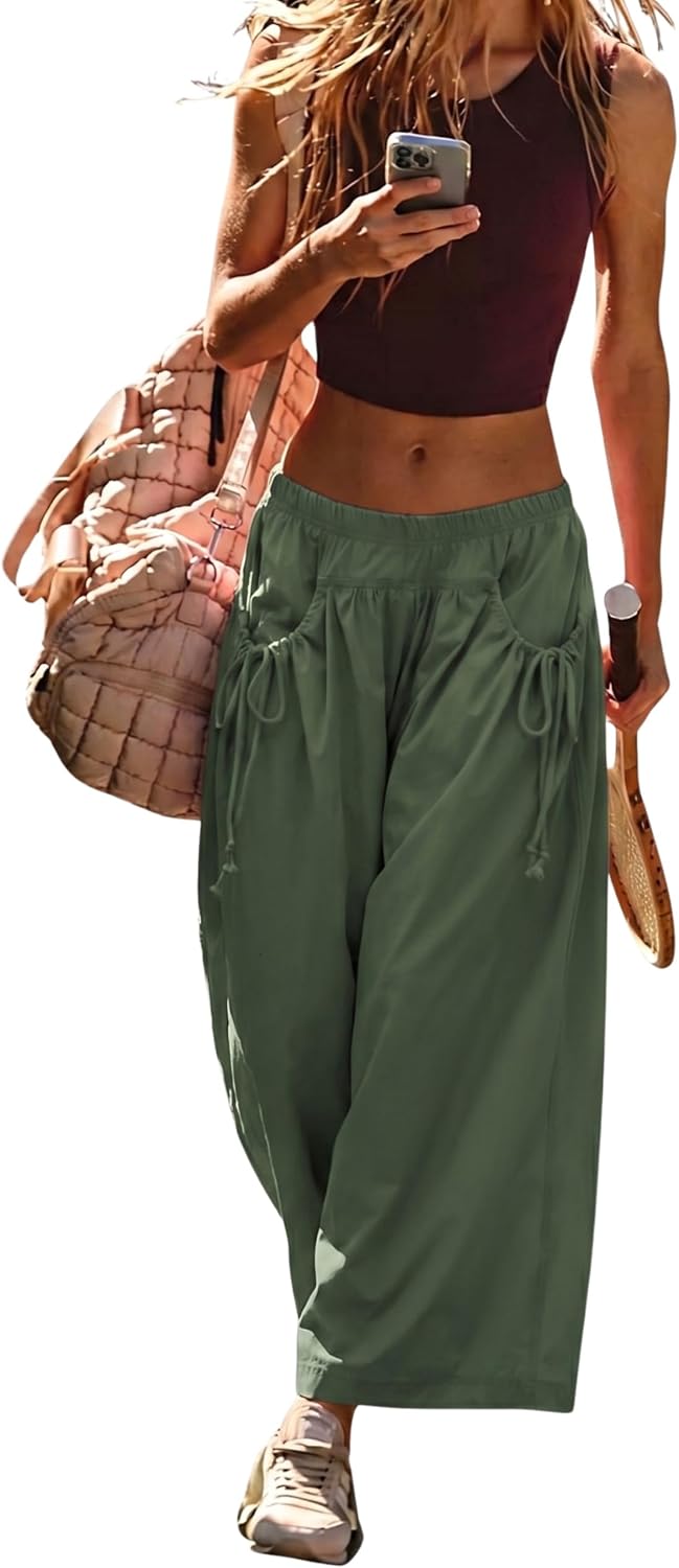 Detalle de Hooever Women’s Loose Wide-Leg Track Pants with Drawstring Pockets (Capri Hiking Style)