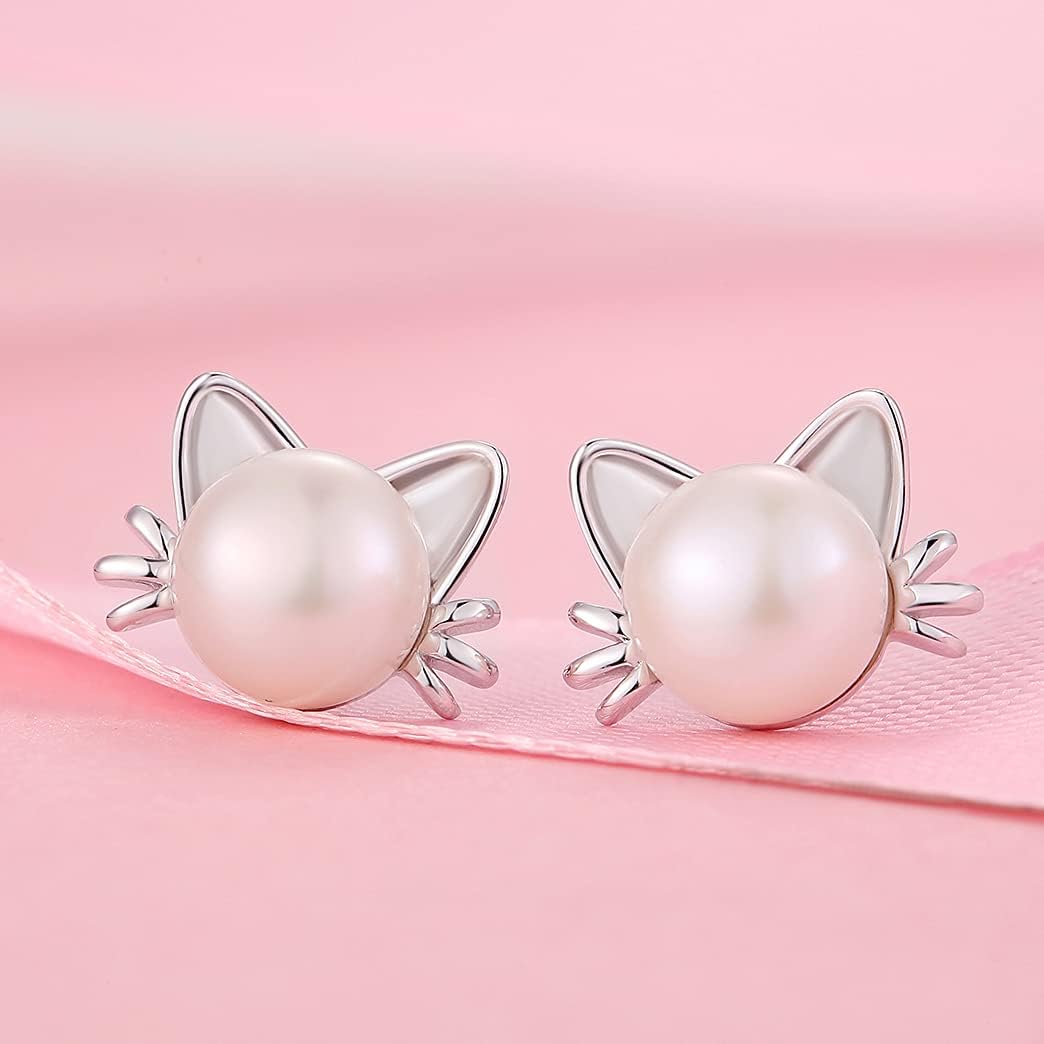 Thumbnail 2 de jiamiaoi Katzen Ohrstecker Kinder & Damen mit Süßwasserperle aus 925 Sterling-Silber