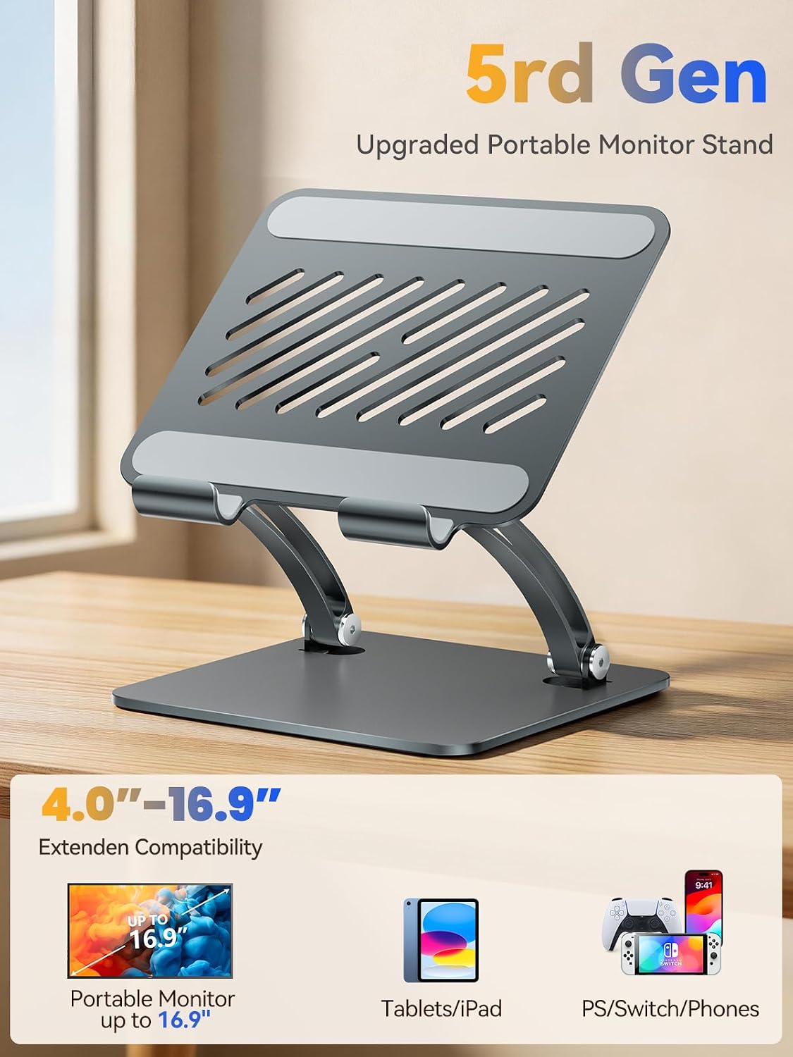 Thumbnail 1 de tounee Dual Rod Adjustable Aluminium Tablet Holder Stand (Gray) for 4.7–16.5" devices