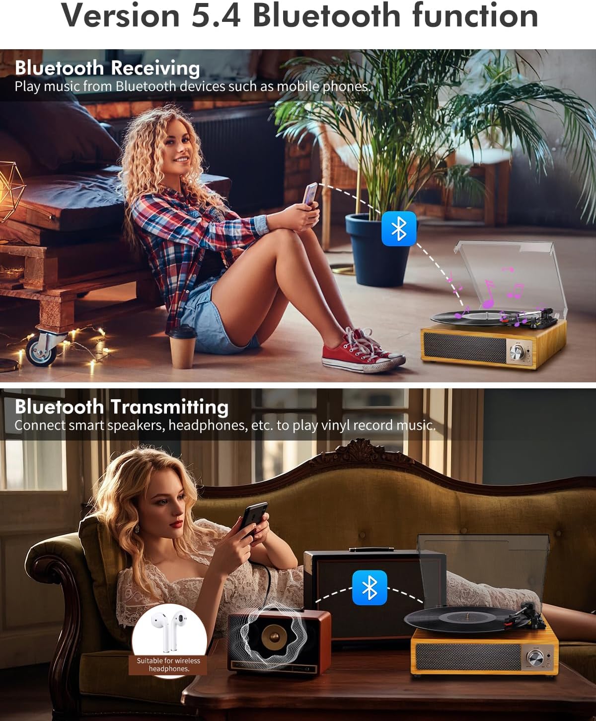 Detalle de VIFLYKOO platenspeler met Bluetooth 5.4, stereoluidsprekers en drie snelheden