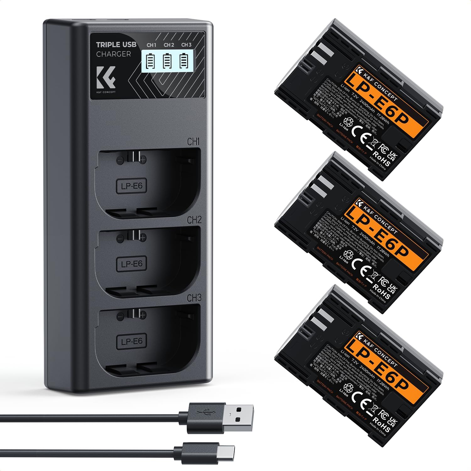 Detalle de K&F CONCEPT LP-E6P Akku 3er Pack mit 3-Slot Ladegerät – 7200 mAh Backup-Lösung für Canon-Modelle