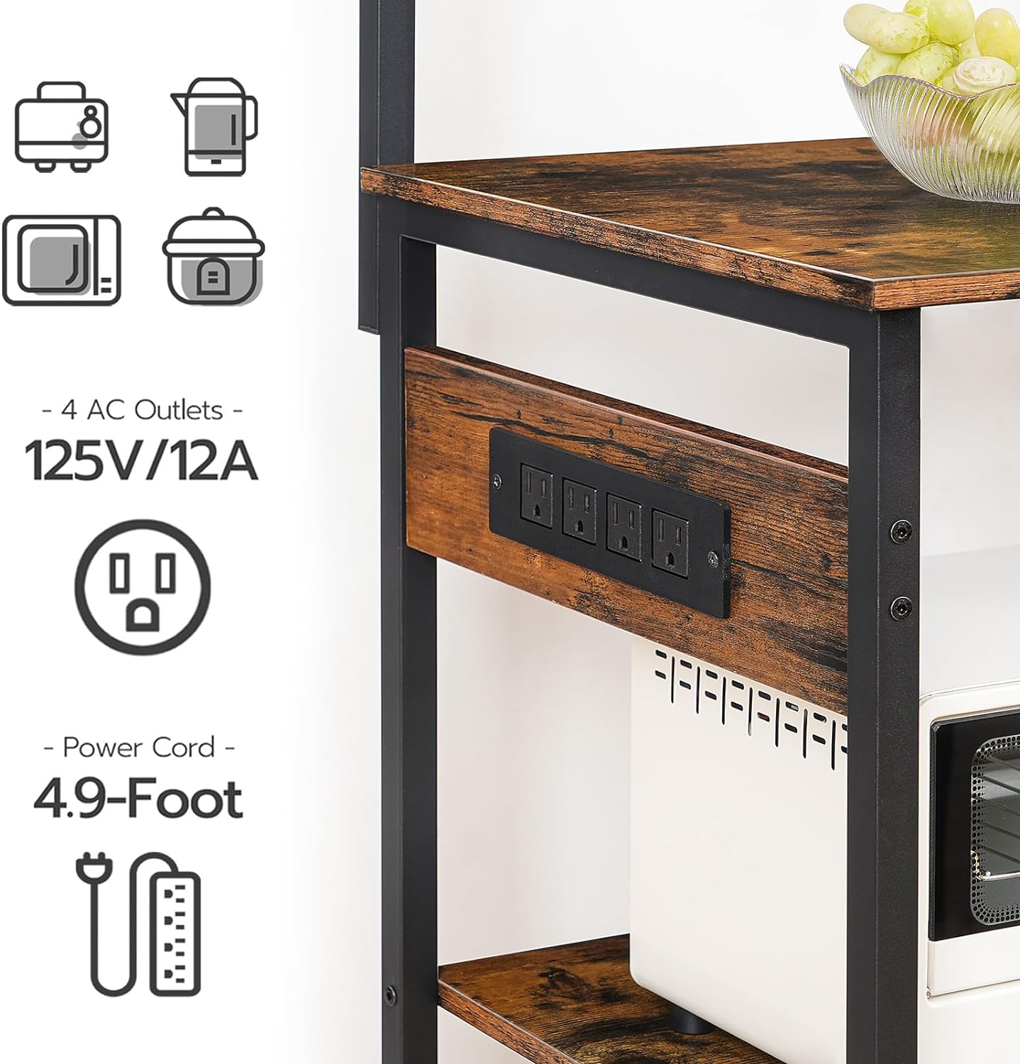 Detalle 2 de HOOBRO BF64UHB01 6-Tier Bakers Rack with Outlets 🍽