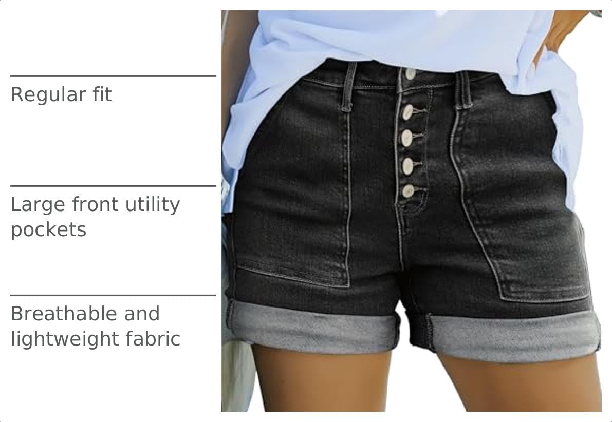 Detalle 2 de Sidefeel Women’s High-Waisted Stretch Jean Shorts with Button & Folded Hem