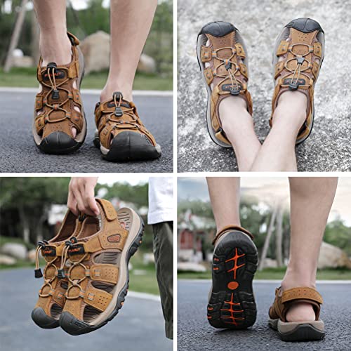 Detalle 2 de FLARUT Sandalias Deportivas para Hombre - Sandalias de Senderismo en Cuero Marrón Claro Talla 46 EU