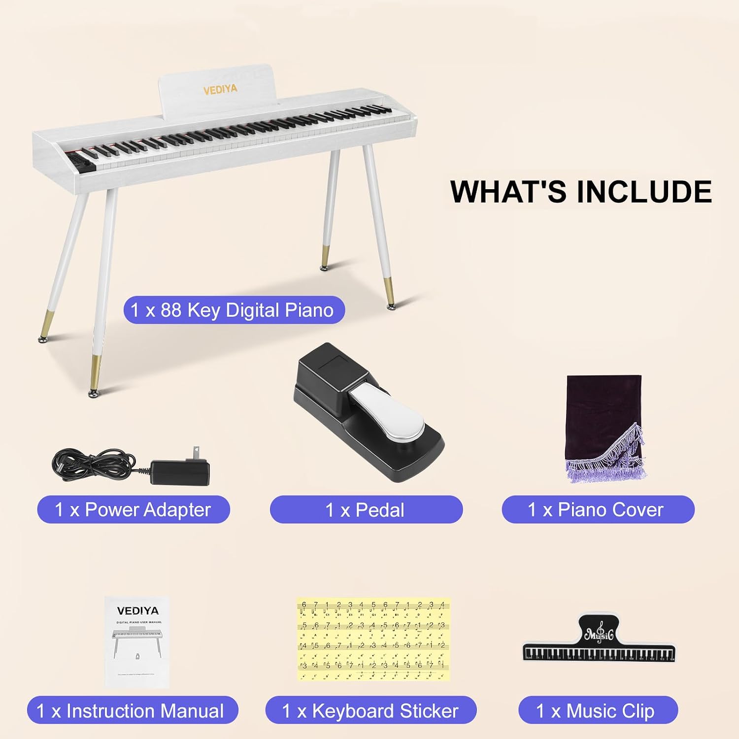 Detalle de Vediya VE28 88-Key Digital Piano with Semi-Weighted Keys and 600 Tones