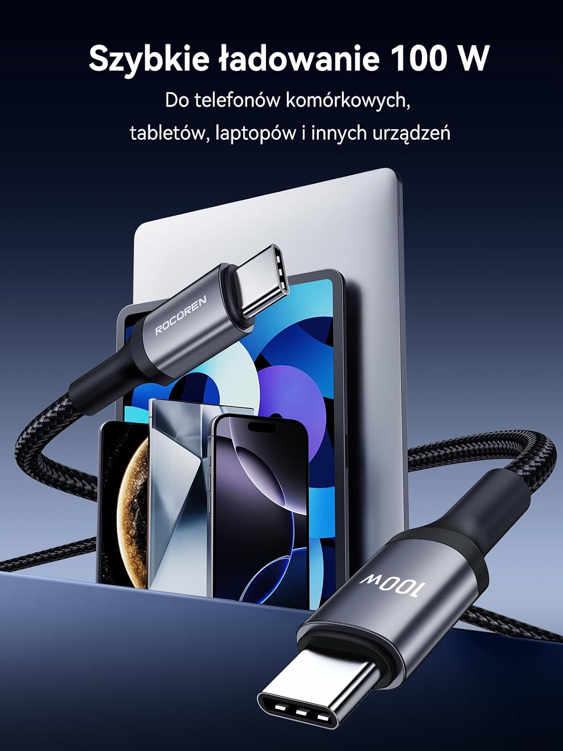 Detalle de Rocoren USB-C 100 W, 2 plecione kable 2 m do ładowania i transmisji danych