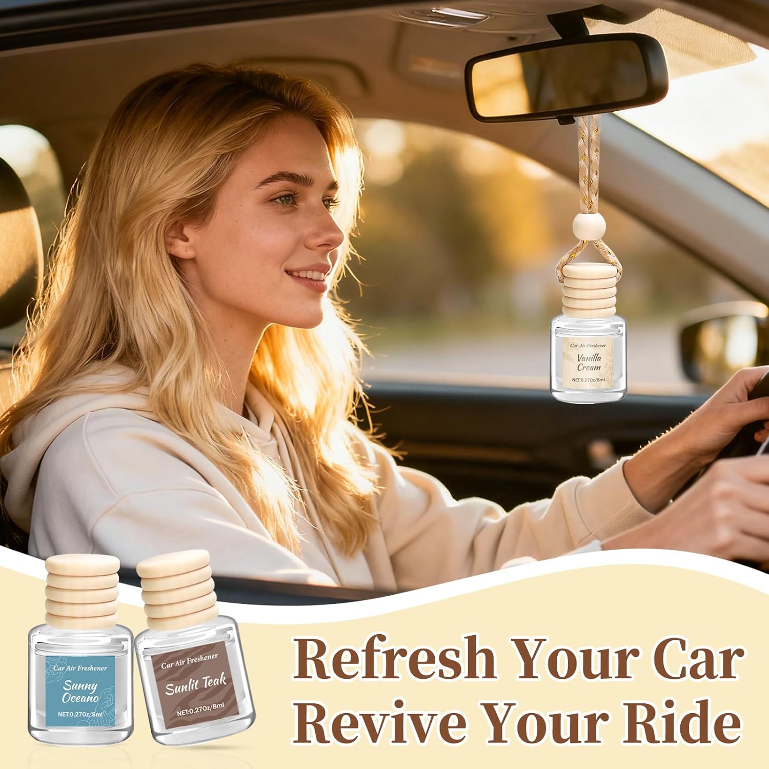 Detalle 2 de Vetuslumen 6-Pack Car Air Freshener for Women (8ml Each) — Hanging Glass Diffuser with Slow-Release Essential Oil Scents