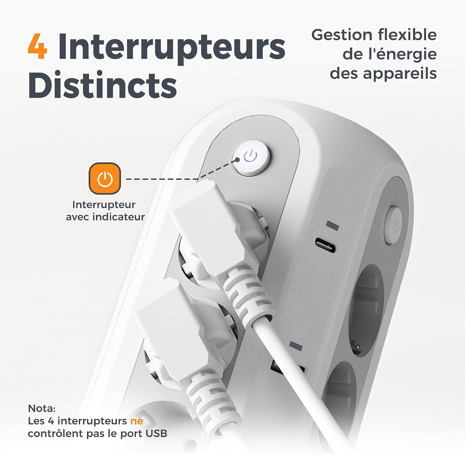 Thumbnail 6 de TESSAN Tour Multiprise avec Interrupteur: 6 USB (4A2C) + 12 prises, rallonge 5m, parafoudre — bureau et maison