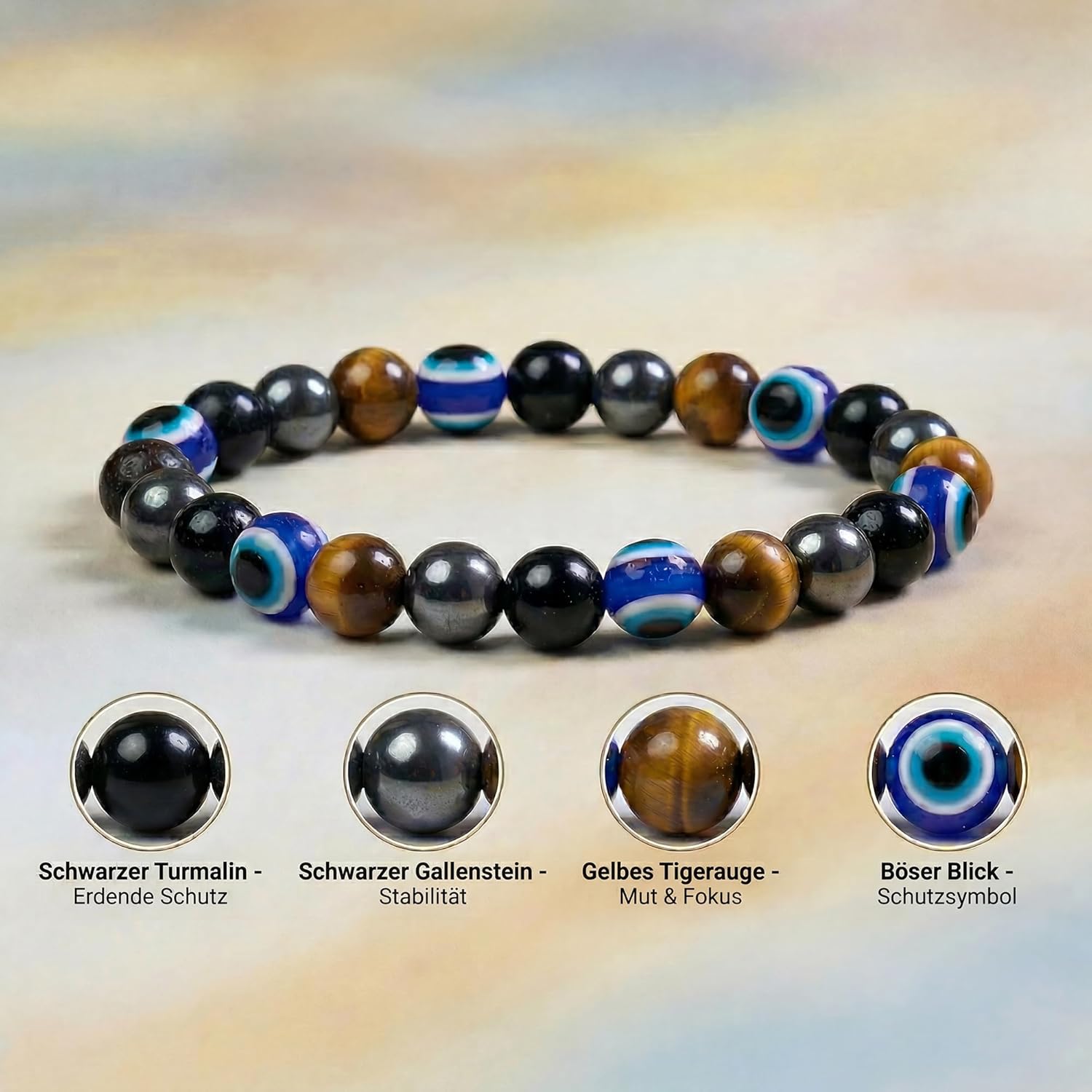 Thumbnail 2 de Bivei Armband Stärkendes Kristall-Heilungsarmband mit 8-mm-Perlen (Stretch, Turmalin/Obsidian/Tigerauge) als Geschenk
