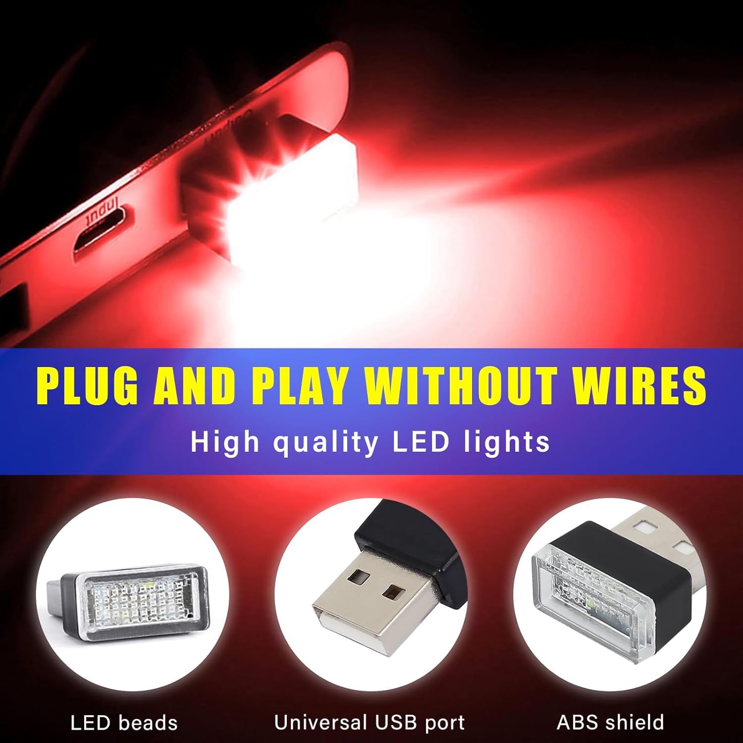 Detalle de Augeny 4 PCS USB LED Car Interior Atmosphere Lamp (Red) — Portable Plug-in Ambient Night Lights
