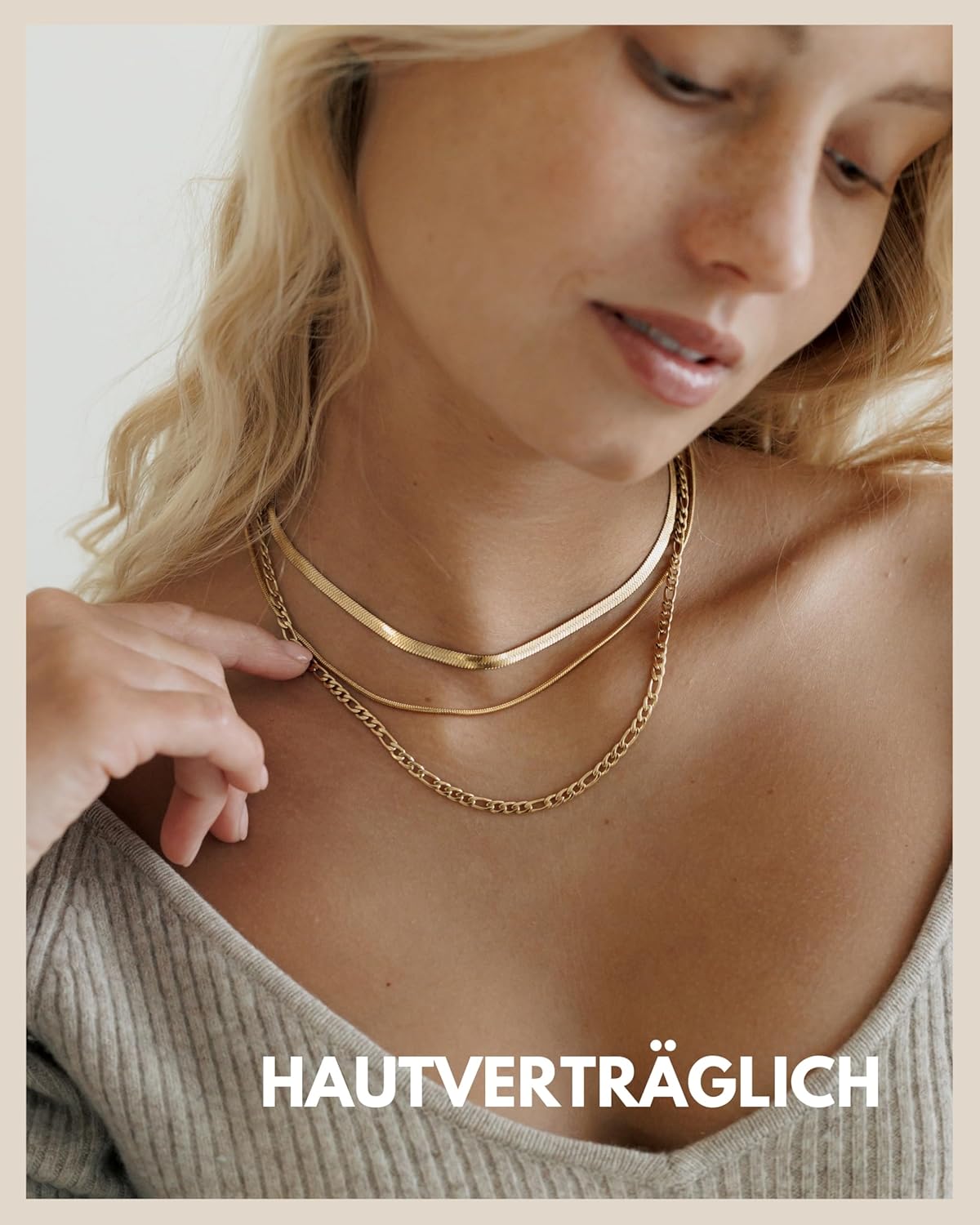 Detalle 2 de Layering Kette – Wasserfestes 3er Ketten-Set in 18K Gold, Roségold oder Silber (316L Edelstahl) – Verstellbare Figaro- und Schlangenkette