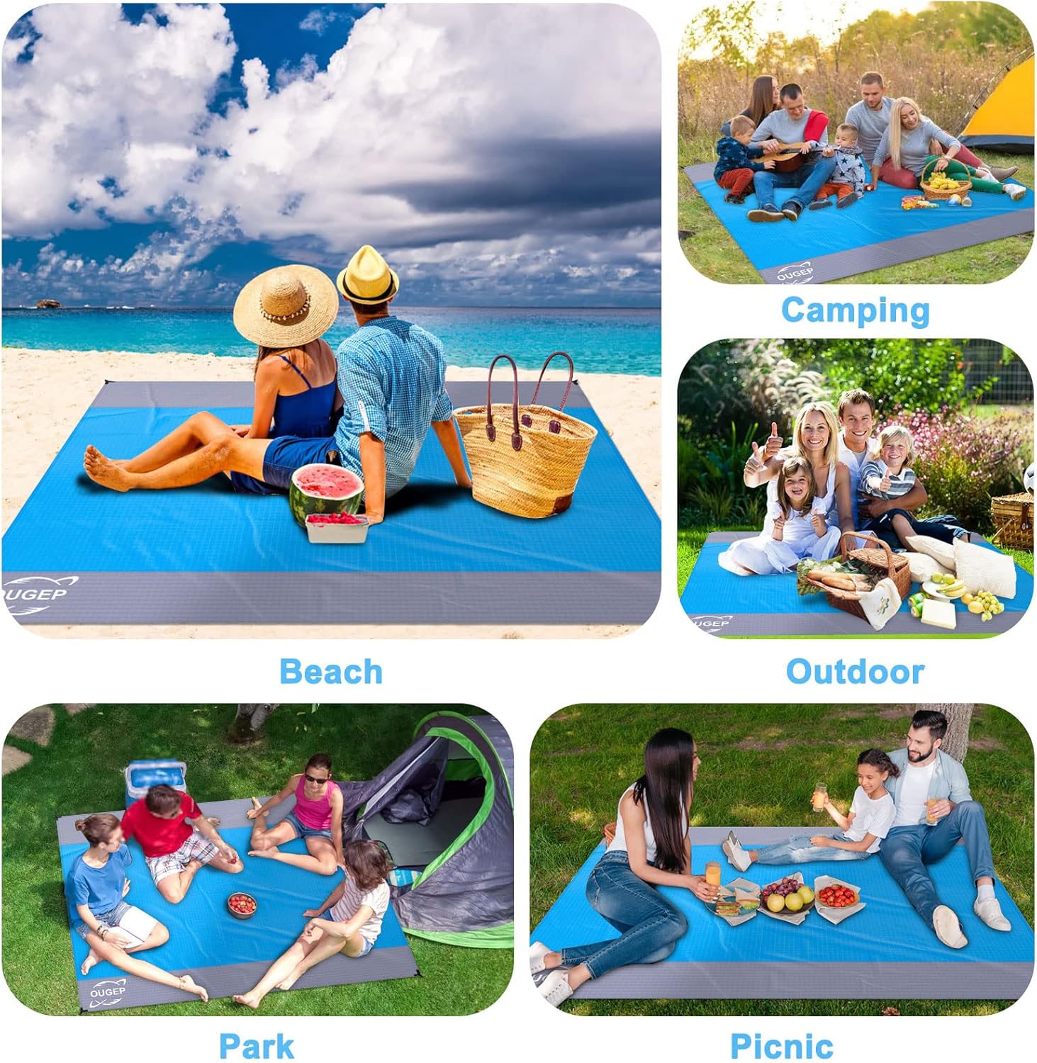 Thumbnail 5 de OUGEP Beach Blanket: 230 x 200 cm Waterproof Picnic Blanket in Blue