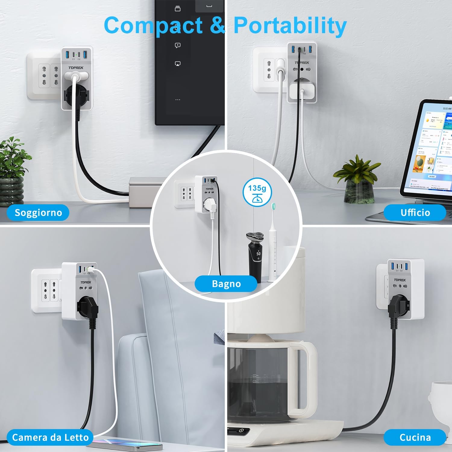 Thumbnail 6 de TOPREK Presa Multipla USB Salvaspazio 6 in 1 con Spina Italiana – 4000W/16A, 1 Schuko, 1 IT, 2 Type-C, 2 Type-A (Bianco)