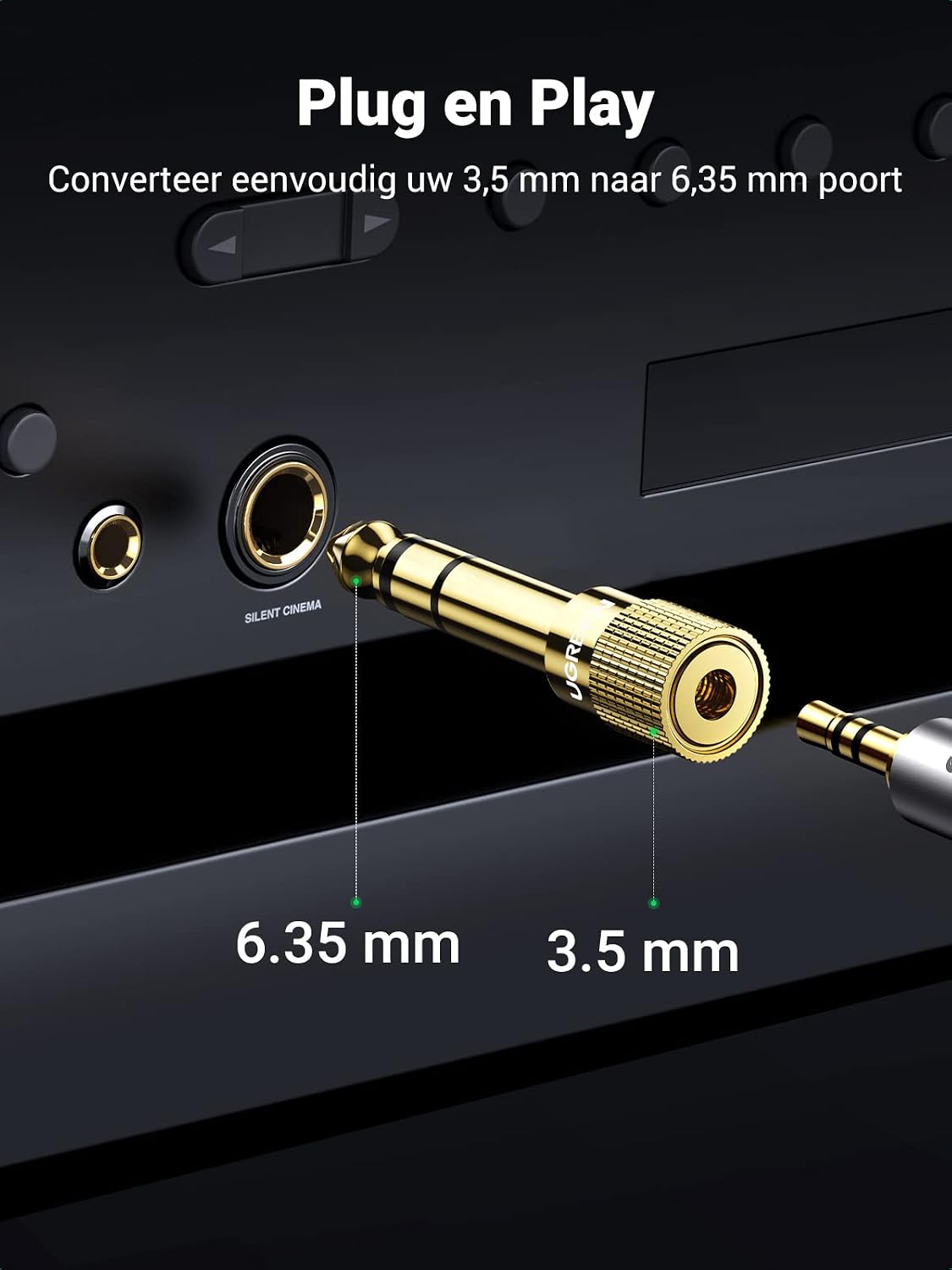 Detalle de UGREEN 6,35mm-naar-3,5mm-jackadapter met vergulde contacten
