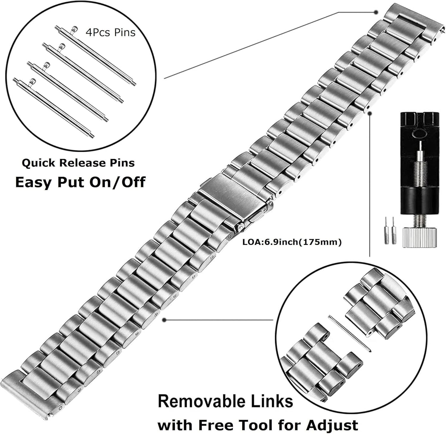 Thumbnail 6 de Metal Strap for Garmin and More: 22mm Stainless Steel Bands (Vivoactive 4, Venu, Forerunner, Ticwatch, Fossil) – Silver