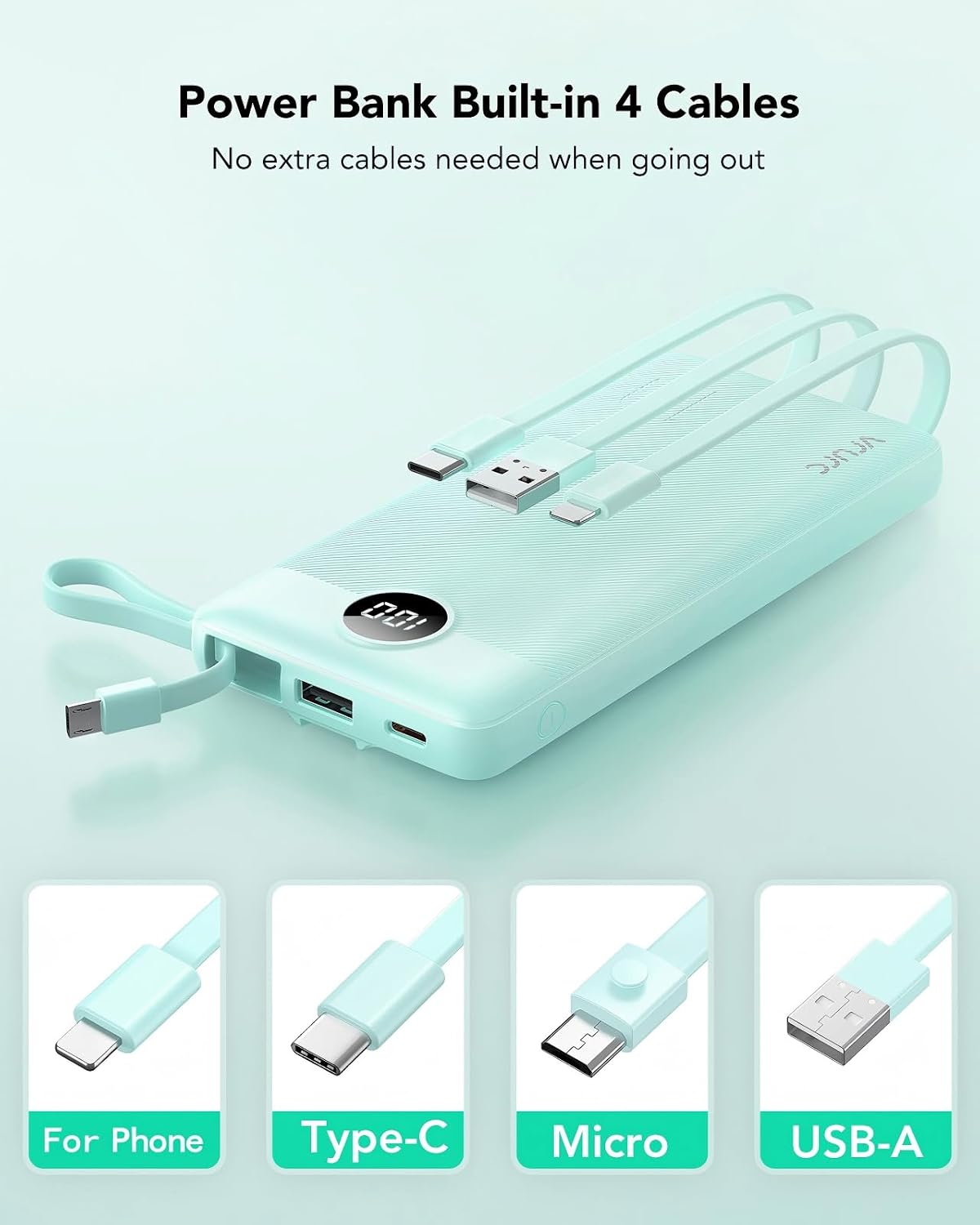 Detalle 2 de VRURC T1116 Portable Charger, 10,000mAh Power Bank with 4 Built-In Cables