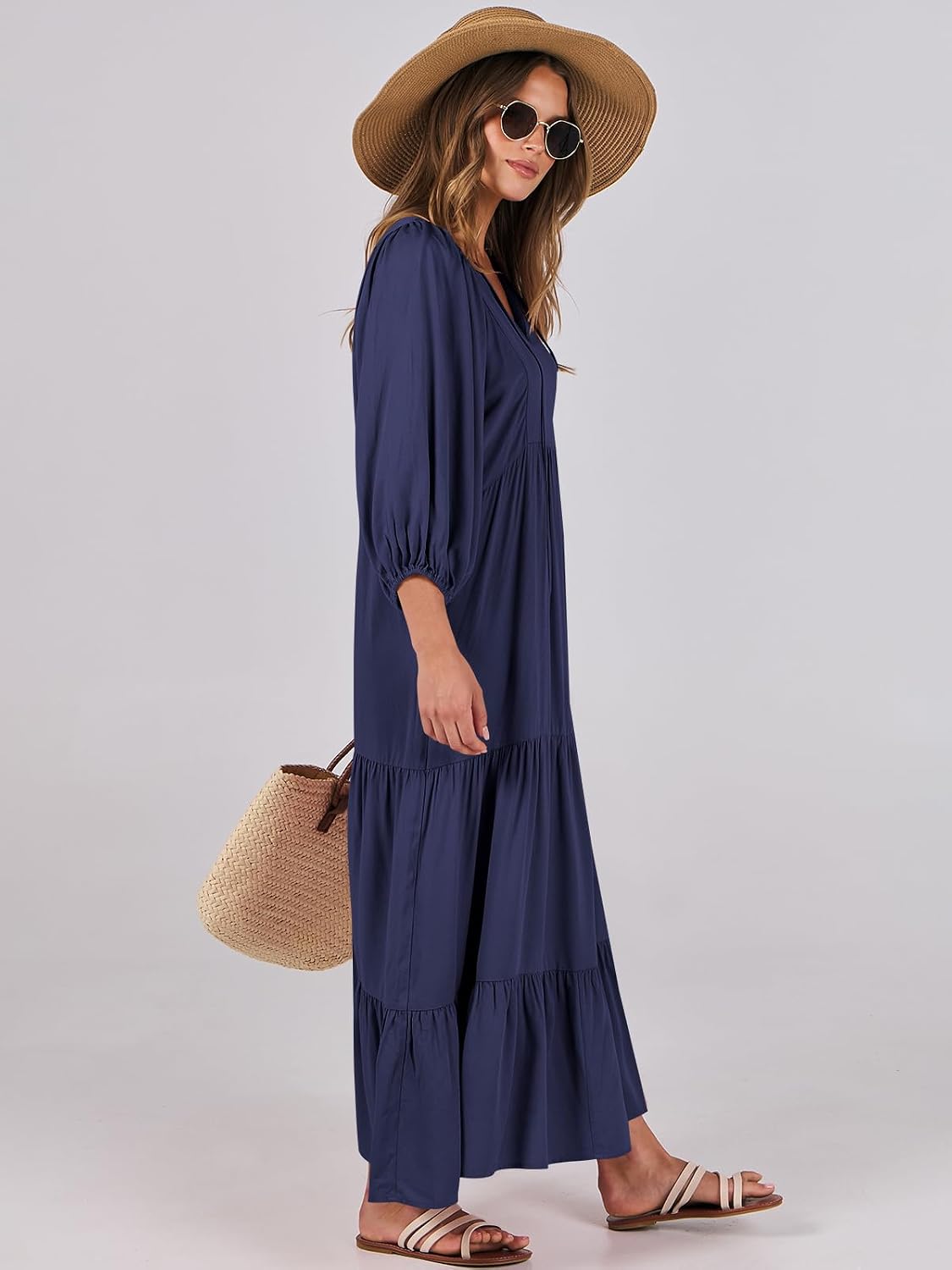 Detalle de ANRABESS Womens Boho Maxi Dress: 2026 Summer Floral V-Neck, Puff Sleeve, Tiered Swing
