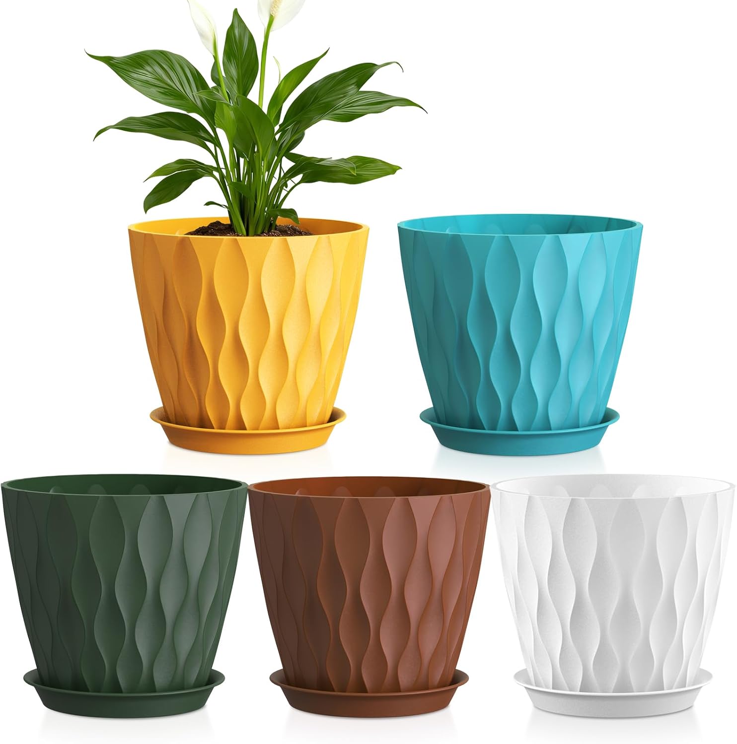 Detalle de WSMKSZ 17.6 cm Plant Pots — 5 Pack, Lightweight Durable Plastic with Drainage Holes and Saucers