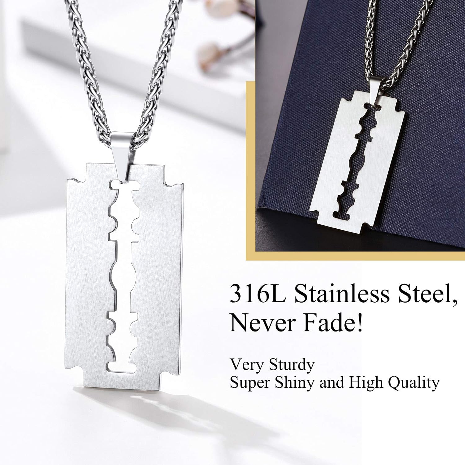 Detalle de PROSTEEL Collier lame de rasoir homme en acier inoxydable plaqué or, pendentif rock punk avec chaîne ajustable