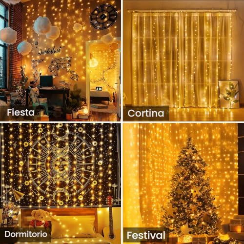 Detalle 2 de JTSIOV cortina de luces LED 3 × 2,7 m, 300 luces y 8 modos