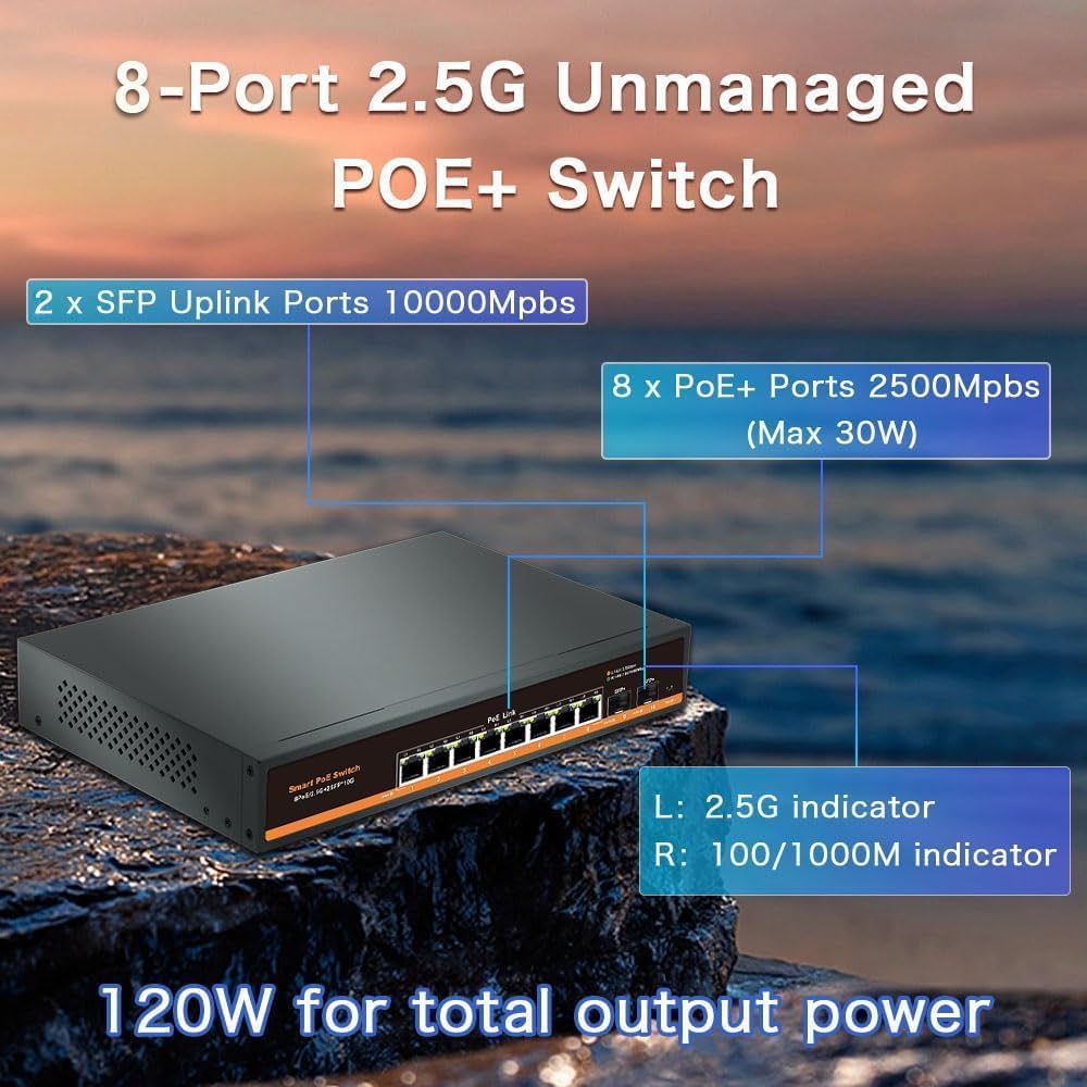 Detalle 2 de Commutateur PoE Non géré 2,5 Gb/s 8 ports + 2 ports SFP+ 10 Gb/s, métal, sans ventilateur