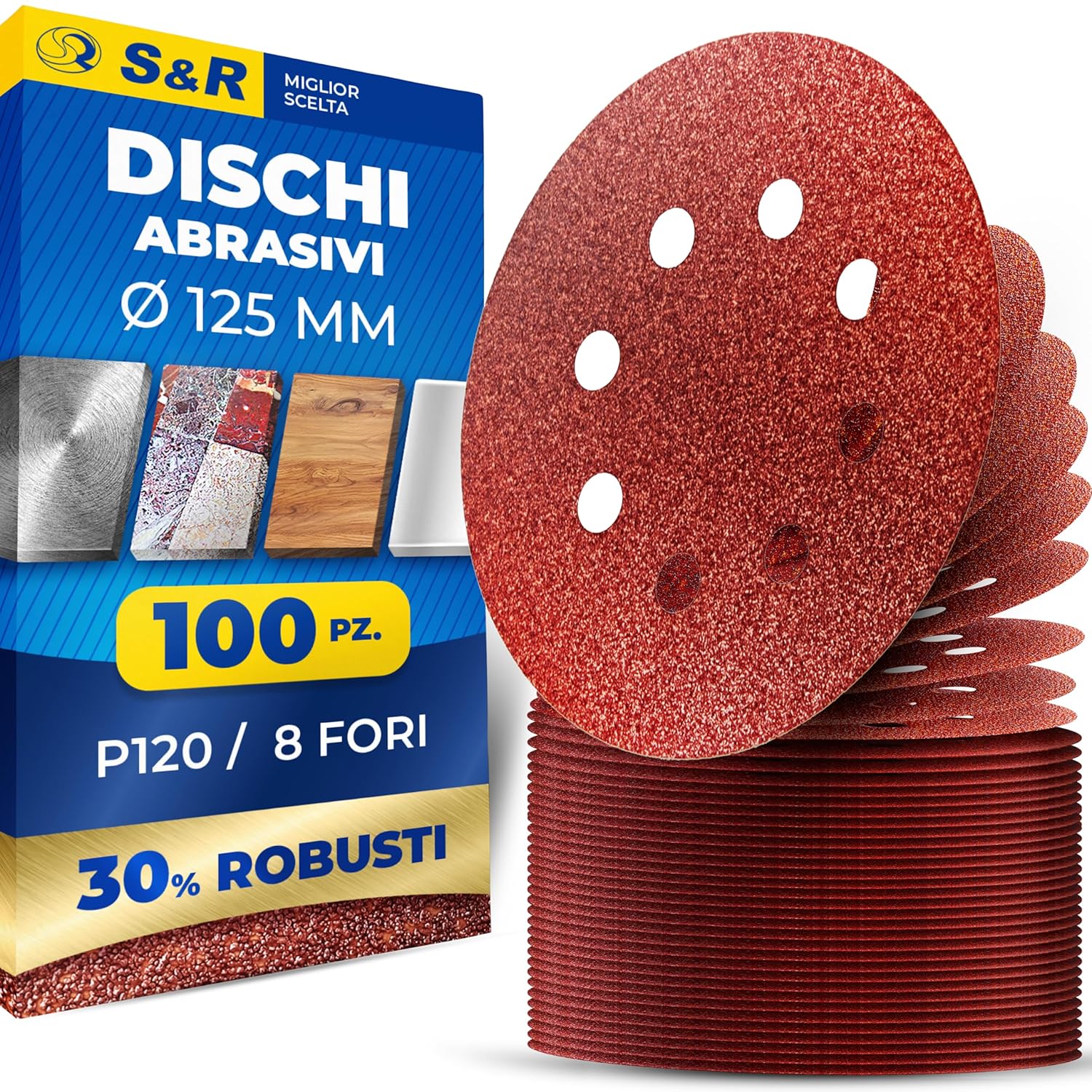 S&R 100 Dischi Abrasivi 125mm Velcrati – Grana 120 per Levigatrice Orbitale, 8 fori, 100 pezzi